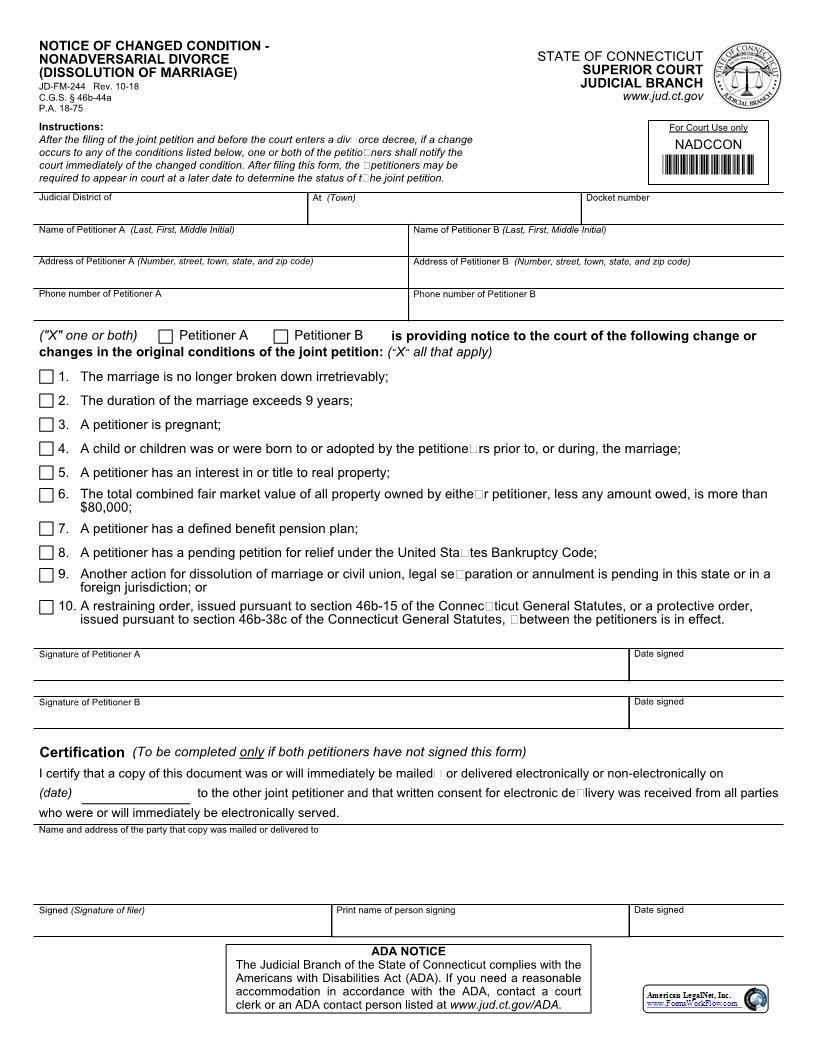 Notice Of Changed Condition Nonadversarial Divorce (Dissolution Of Marriage) {JD-FM-244} | Pdf Fpdf Docx | Connecticut