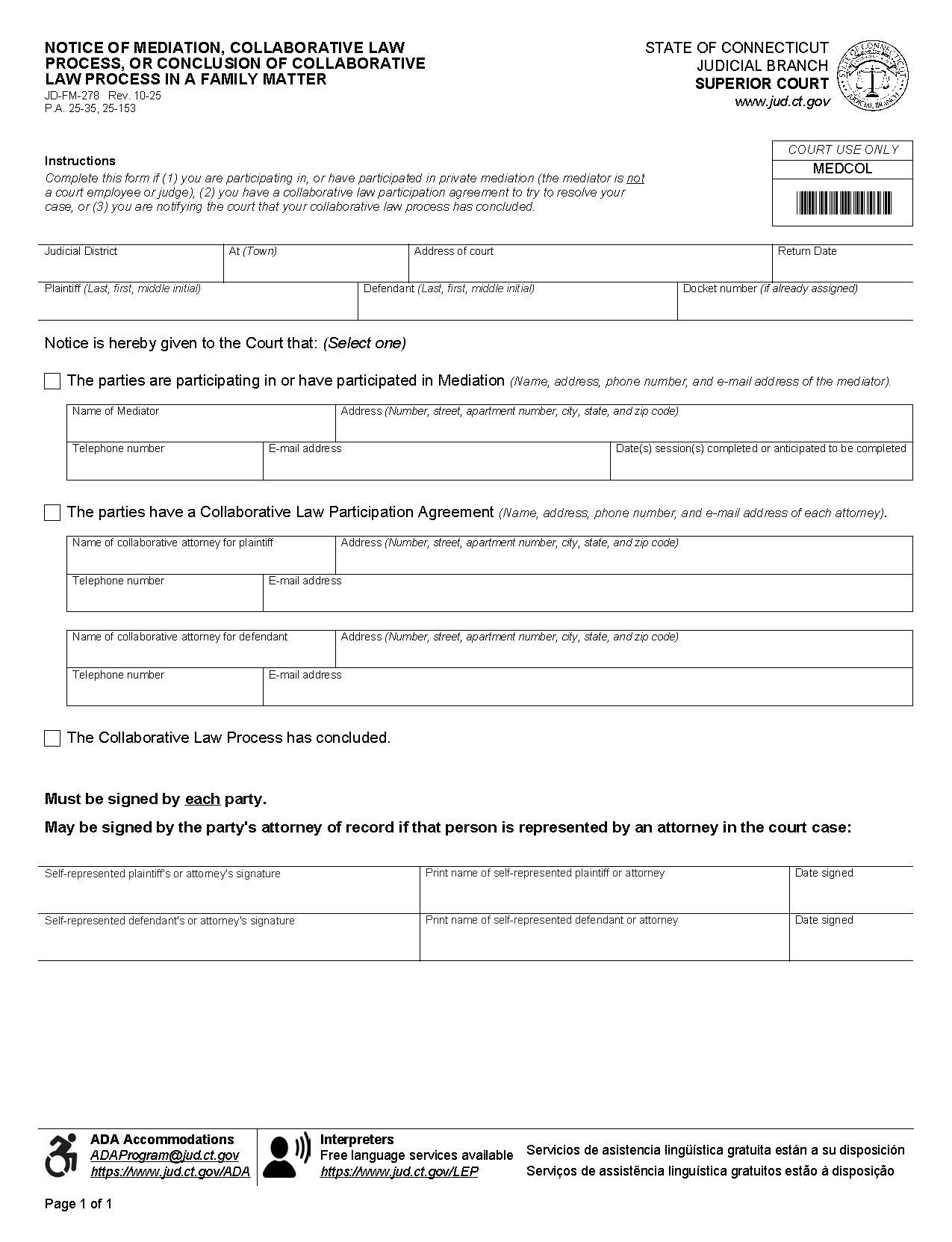 Notice Of Mediation In A Family Matter {JD-FM-278} | Pdf Fpdf Docx | Connecticut