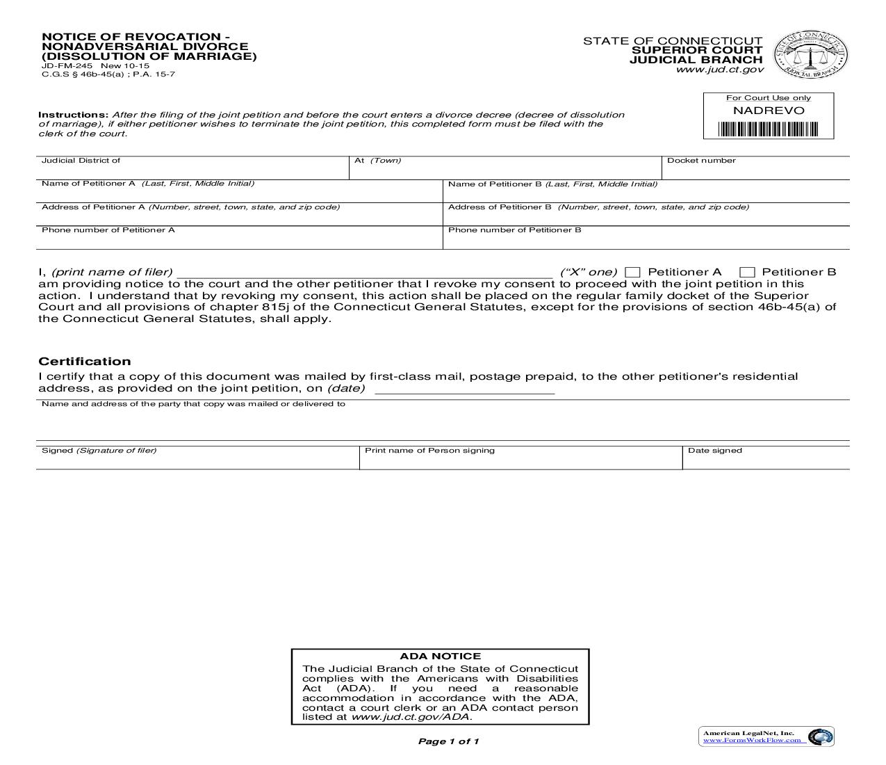 Notice Of Revocation  Nonadversarial Divorce (Dissolution Of Marriage) {JD-FM-245} | Pdf Fpdf Doc Docx | Connecticut