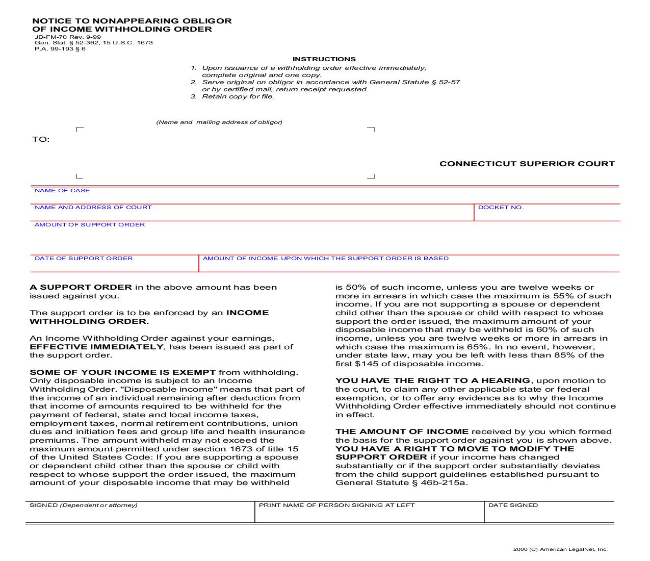 Notice To Nonappearing Obligator Of Income Withholding Order {JD-FM-70} | Pdf Fpdf Doc Docx | Connecticut