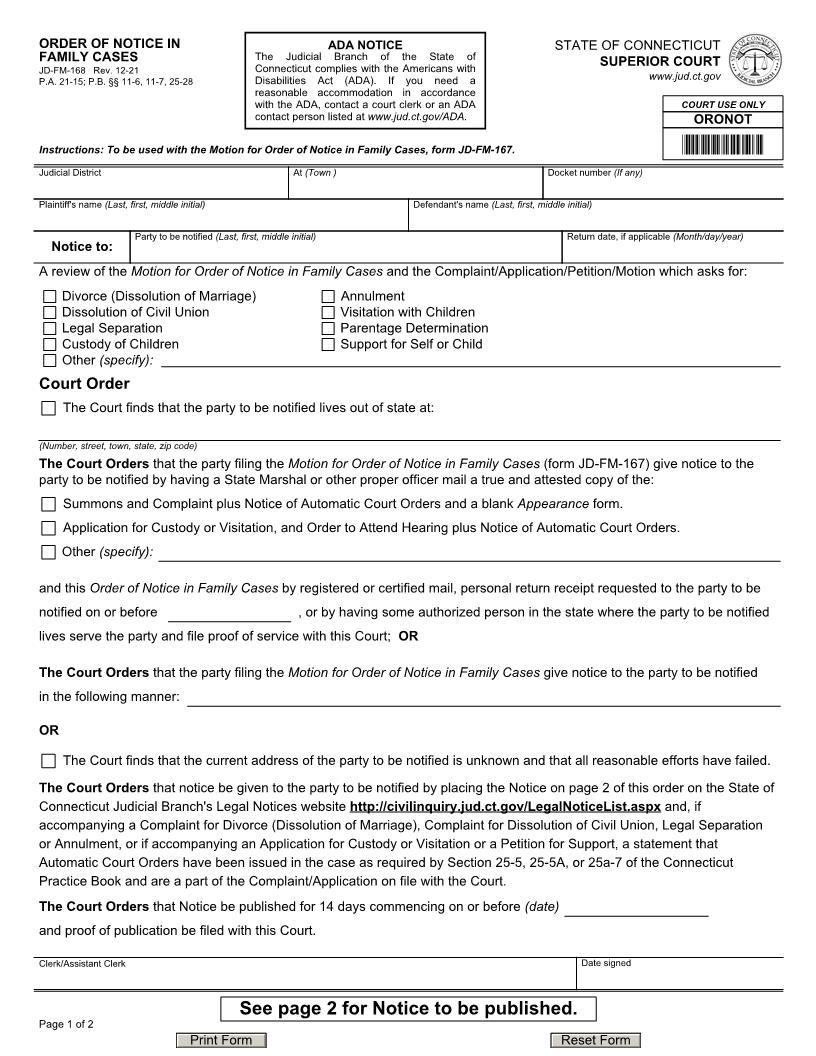 Order Of Notice By Publication In Family Cases {JD-FM-168} | Pdf Fpdf Docx | Connecticut