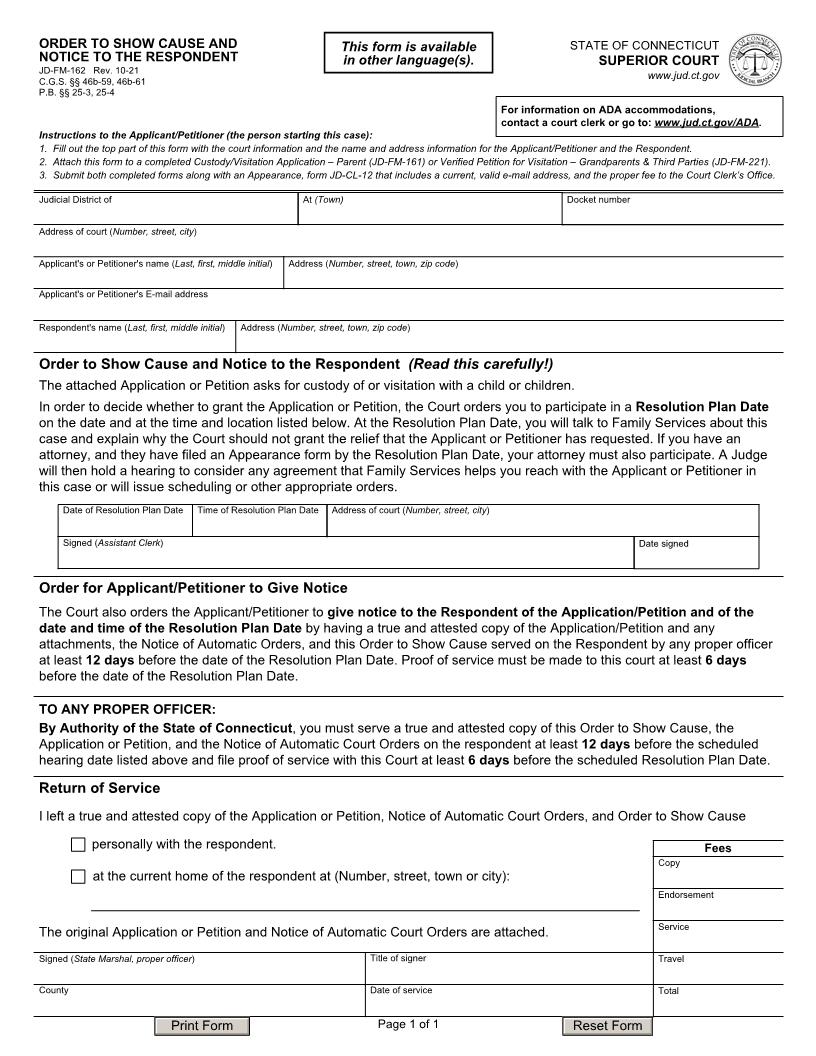 Order To Attend Hearing And Notice To The Respondent {JD-FM-162} | Pdf Fpdf Doc Docx | Connecticut