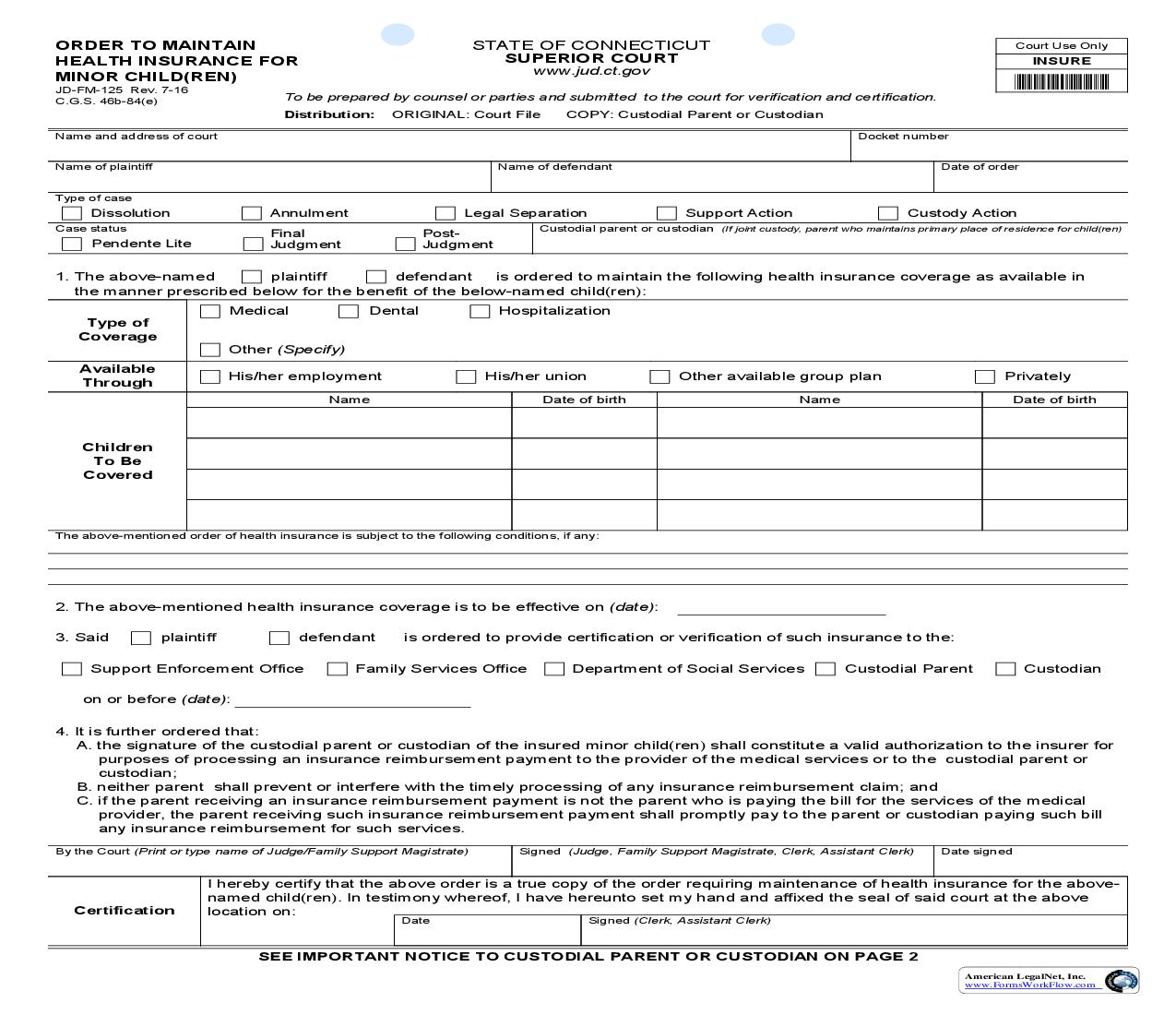 Order To Maintain Health Insurance For Minor Children {JD-FM-125} | Pdf Fpdf Doc Docx | Connecticut