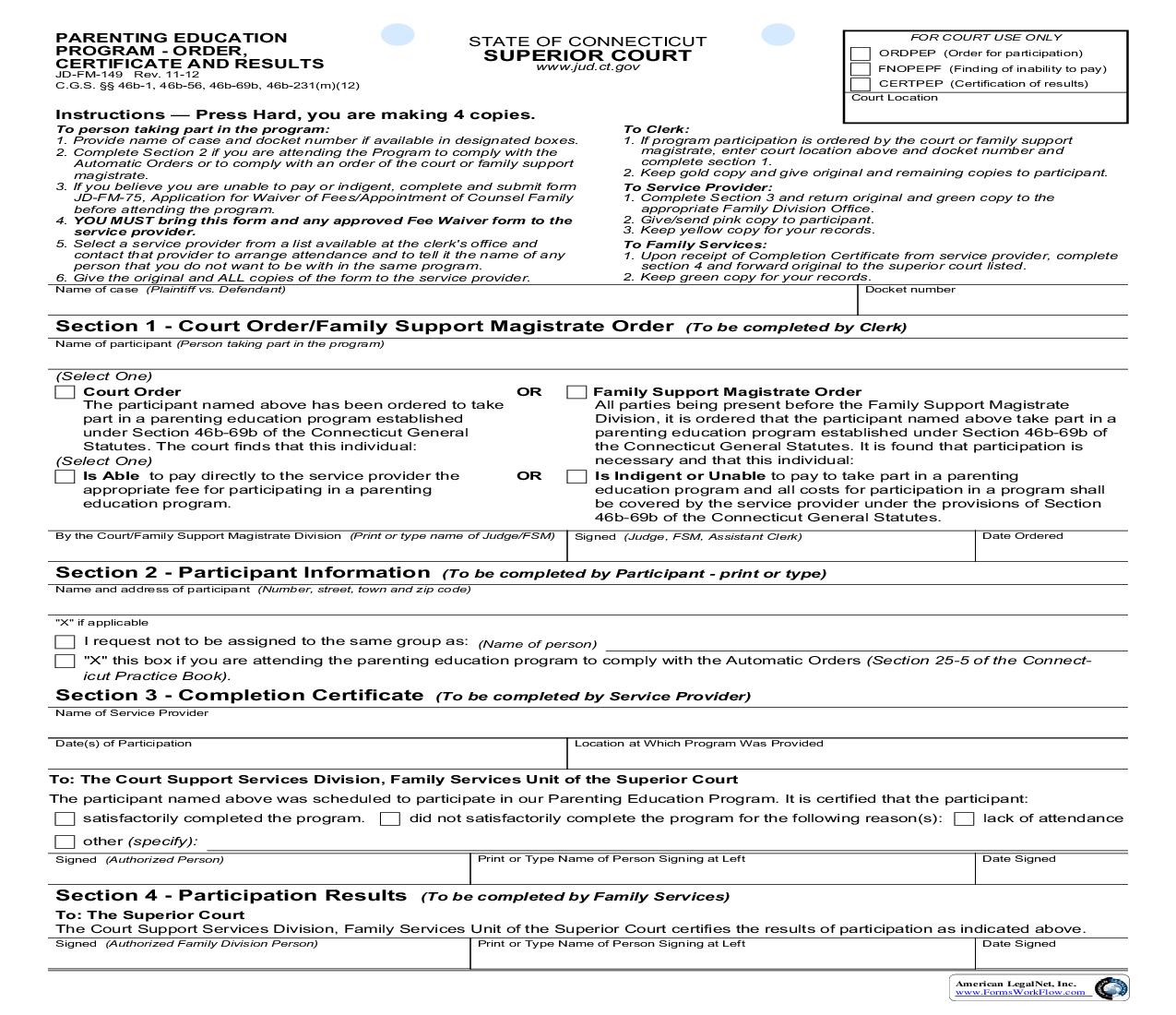 Parenting Education Program Order Certificate And Results {JD-FM-149} | Pdf Fpdf Doc Docx | Connecticut