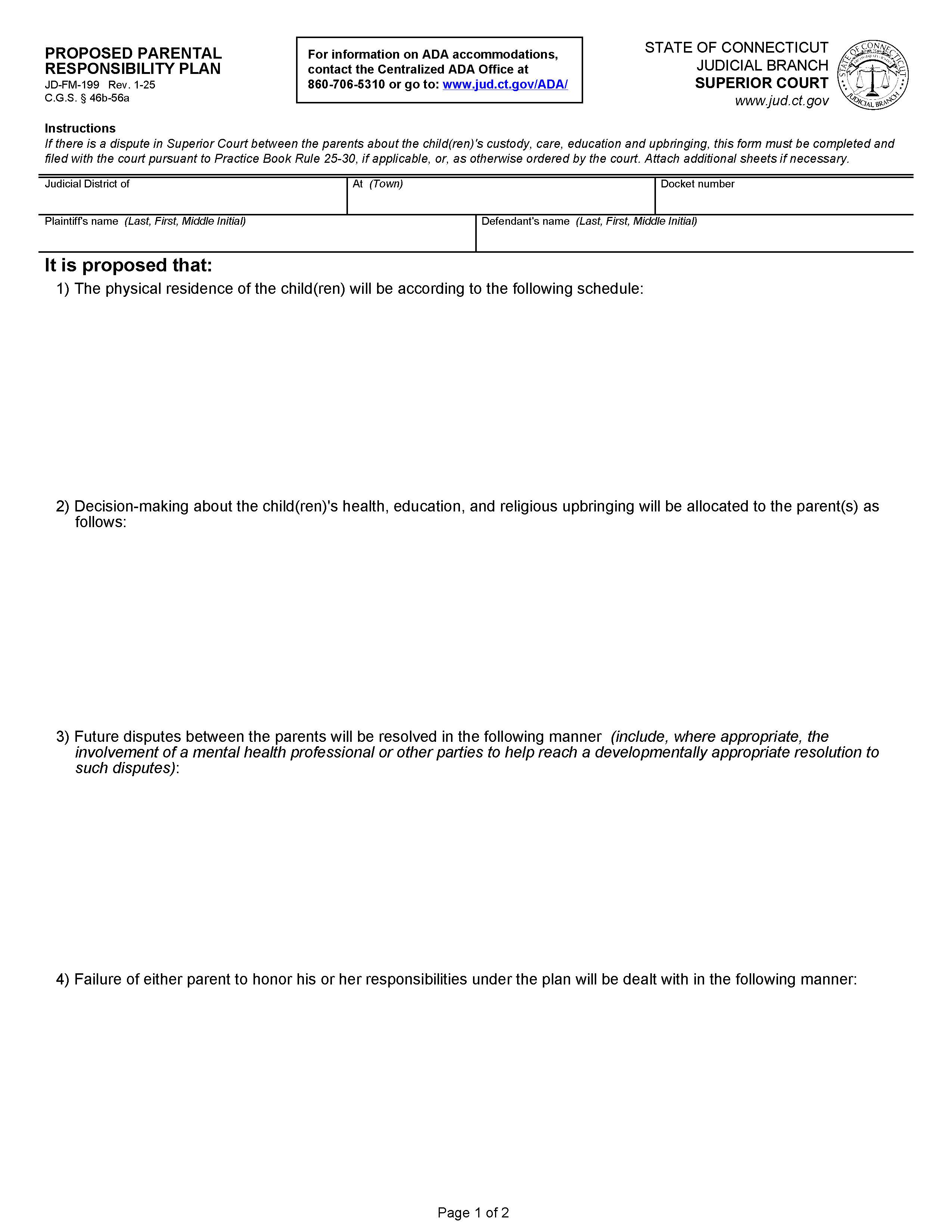 Proposed Parental Responsibility Plan {JD-FM-199} | Pdf Fpdf Doc Docx | Connecticut