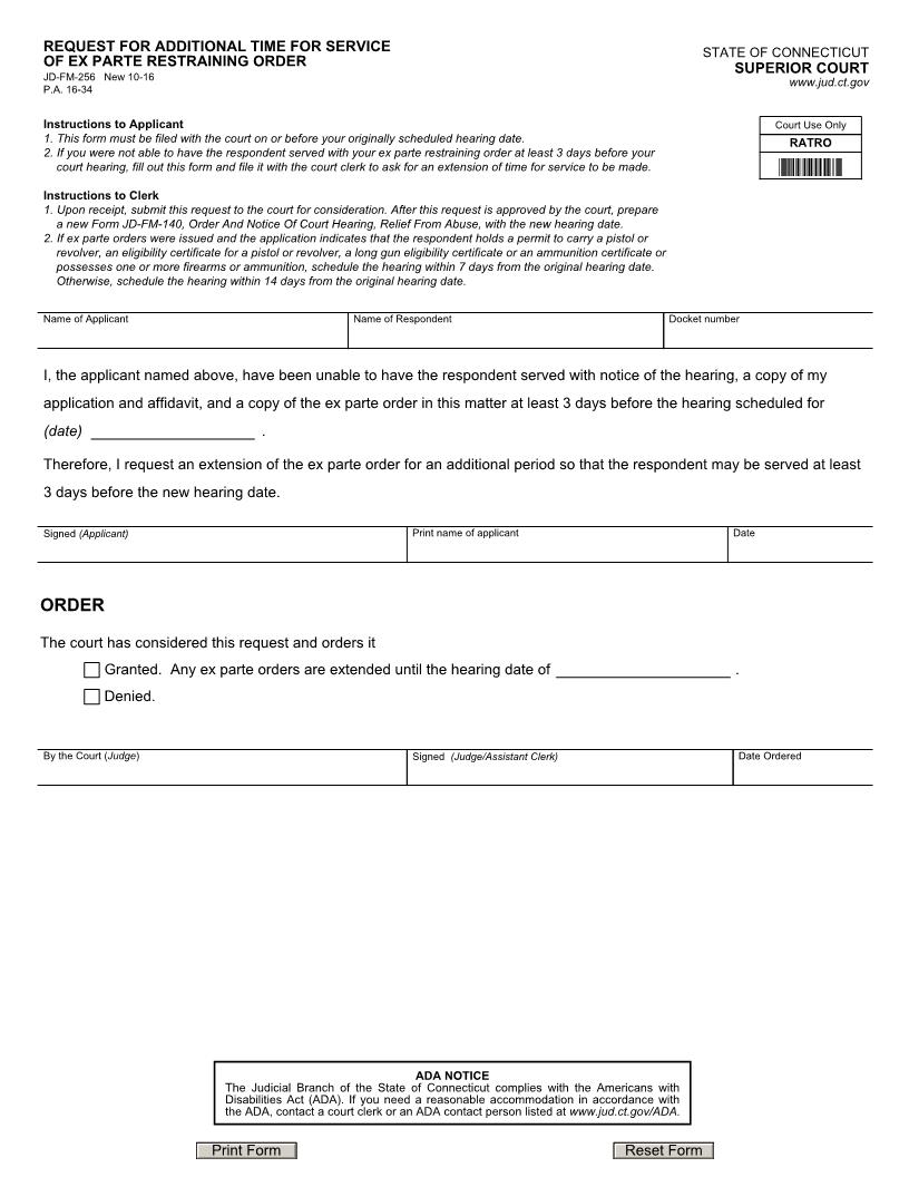 Request For Additional Time For Service Of Ex Parte Restraining Order {JD-FM-256} | Pdf Fpdf Docx | Connecticut