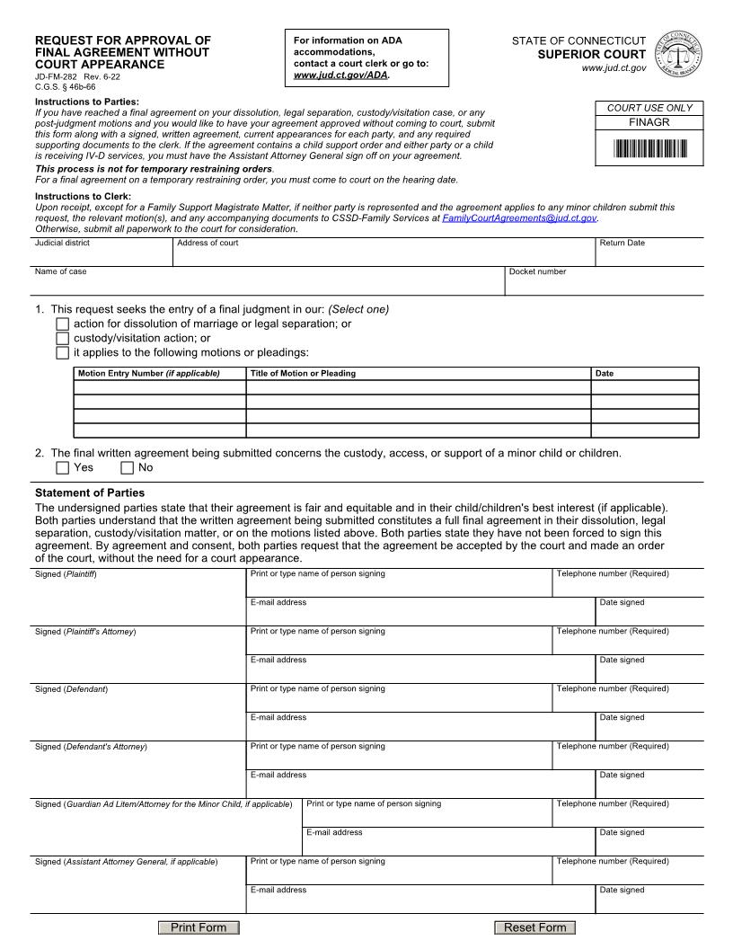 Request For Approval Of Final Agreement Without Court Appearance {JD-FM-282} | Pdf Fpdf Docx | Connecticut