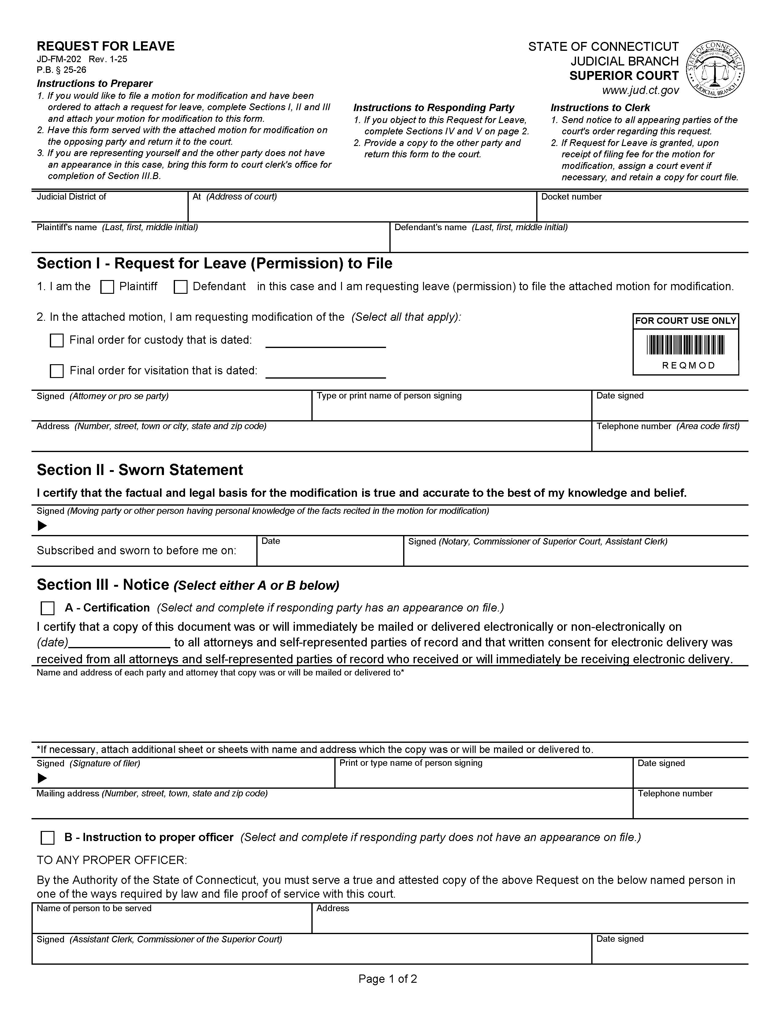 Request For Leave {JD-FM-202} | Pdf Fpdf Doc Docx | Connecticut