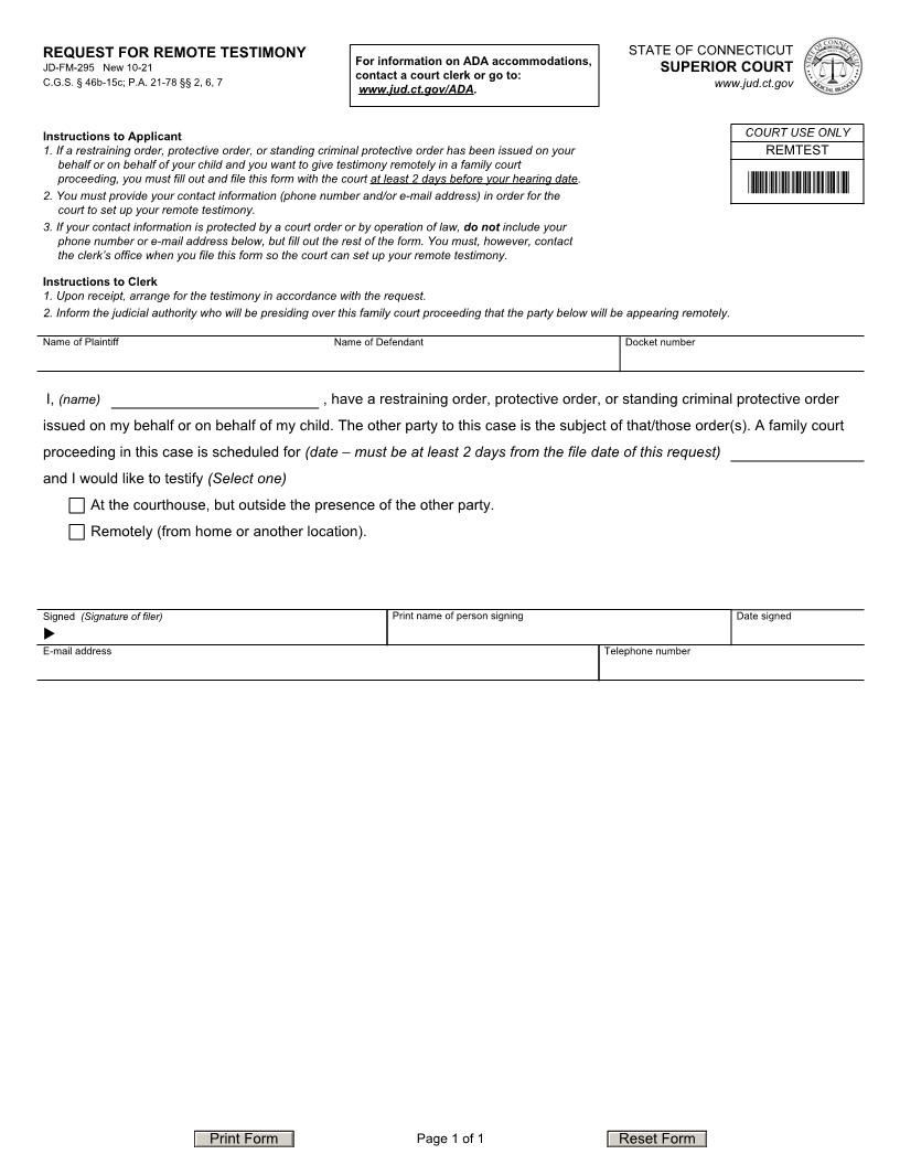 Request For Remote Testimony {JD-FM-295} | Pdf Fpdf Docx | Connecticut