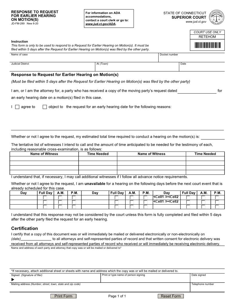 Response To Request For Earlier Hearing On Motion {JD-FM-289} | Pdf Fpdf Docx | Connecticut