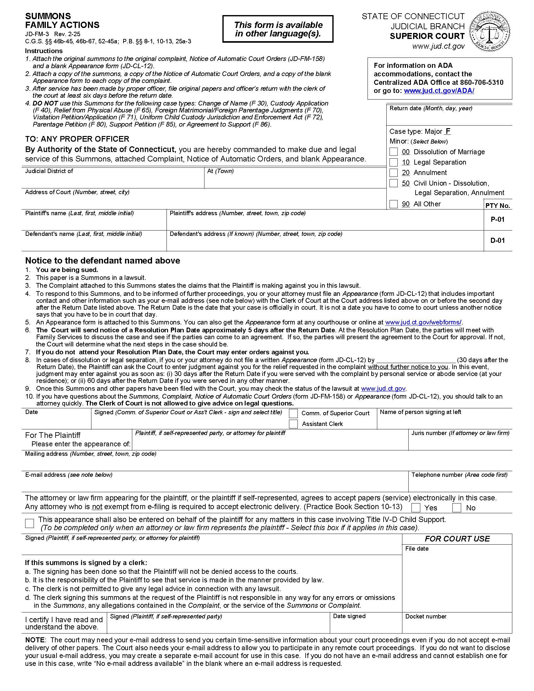 Summons Family Actions {JD-FM-3} | Pdf Fpdf Docx | Connecticut