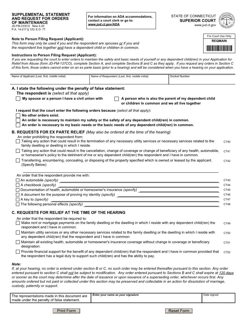 Supplemental Affidavit And Request For Orders Of Maintenance {JD-FM-233} | Pdf Fpdf Doc Docx | Connecticut