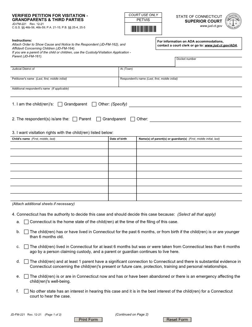 Verified Petition For Visitation Grandparents And Third Parties {JD-FM-221} | Pdf Fpdf Doc Docx | Connecticut