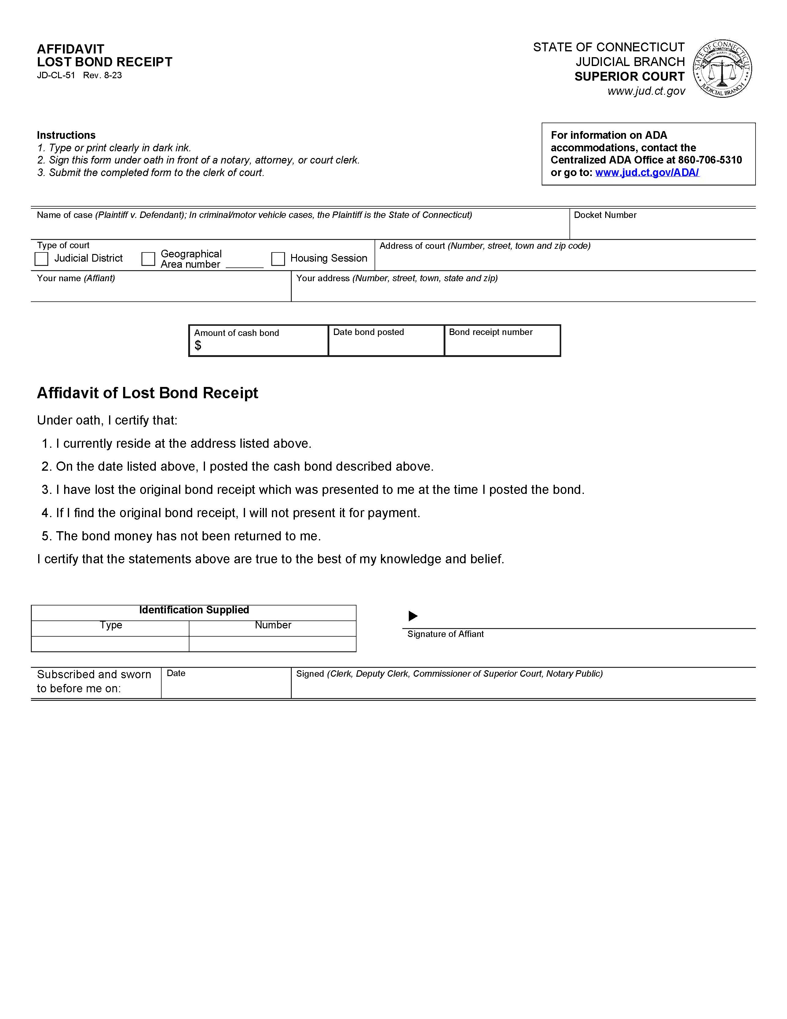 Affidavit Lost Bond Receipt {JD-CL-51} | Pdf Fpdf Doc Docx | Connecticut