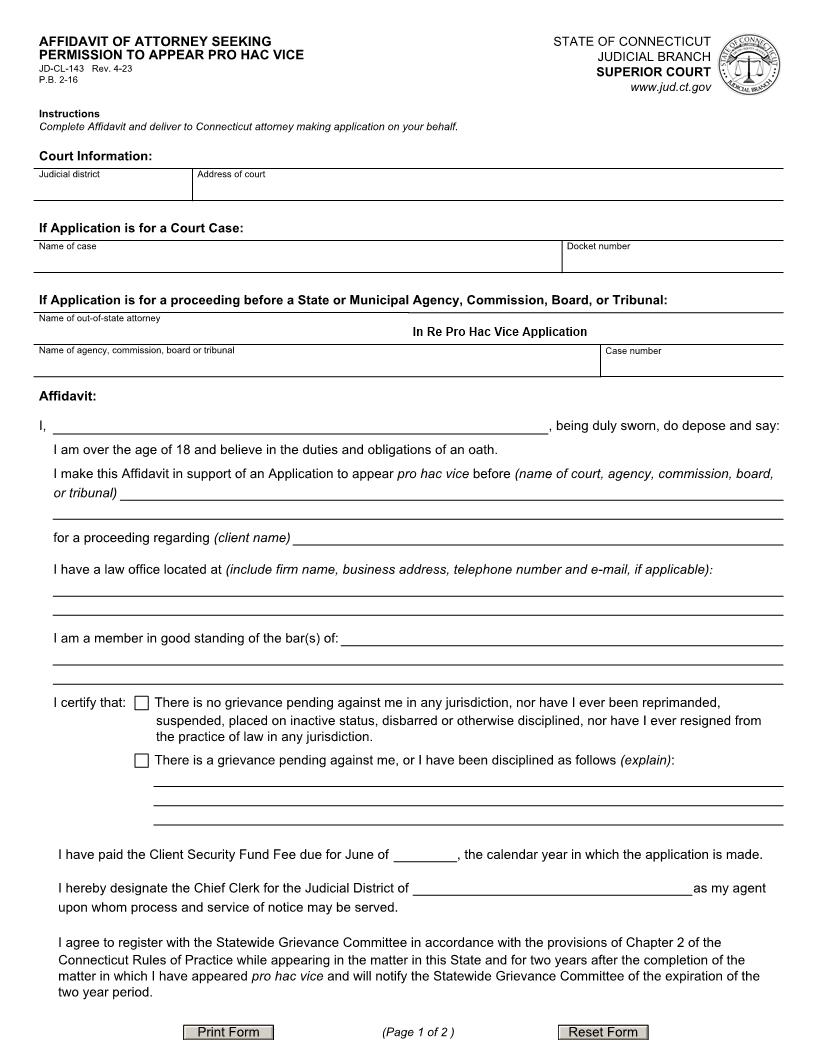 Affidavit Of Attorney Seeking Permission To Appear Pro Hac Vice {JD-CL-143} | Pdf Fpdf Doc Docx | Connecticut