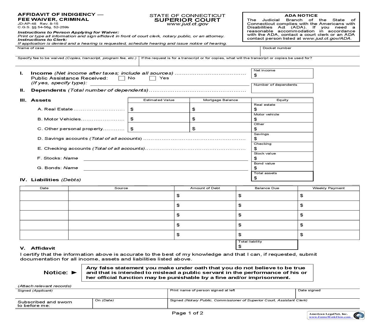 Affidavit Of Indegency Fee Waiver Criminal {JD-AP-48} | Pdf Fpdf Doc Docx | Connecticut