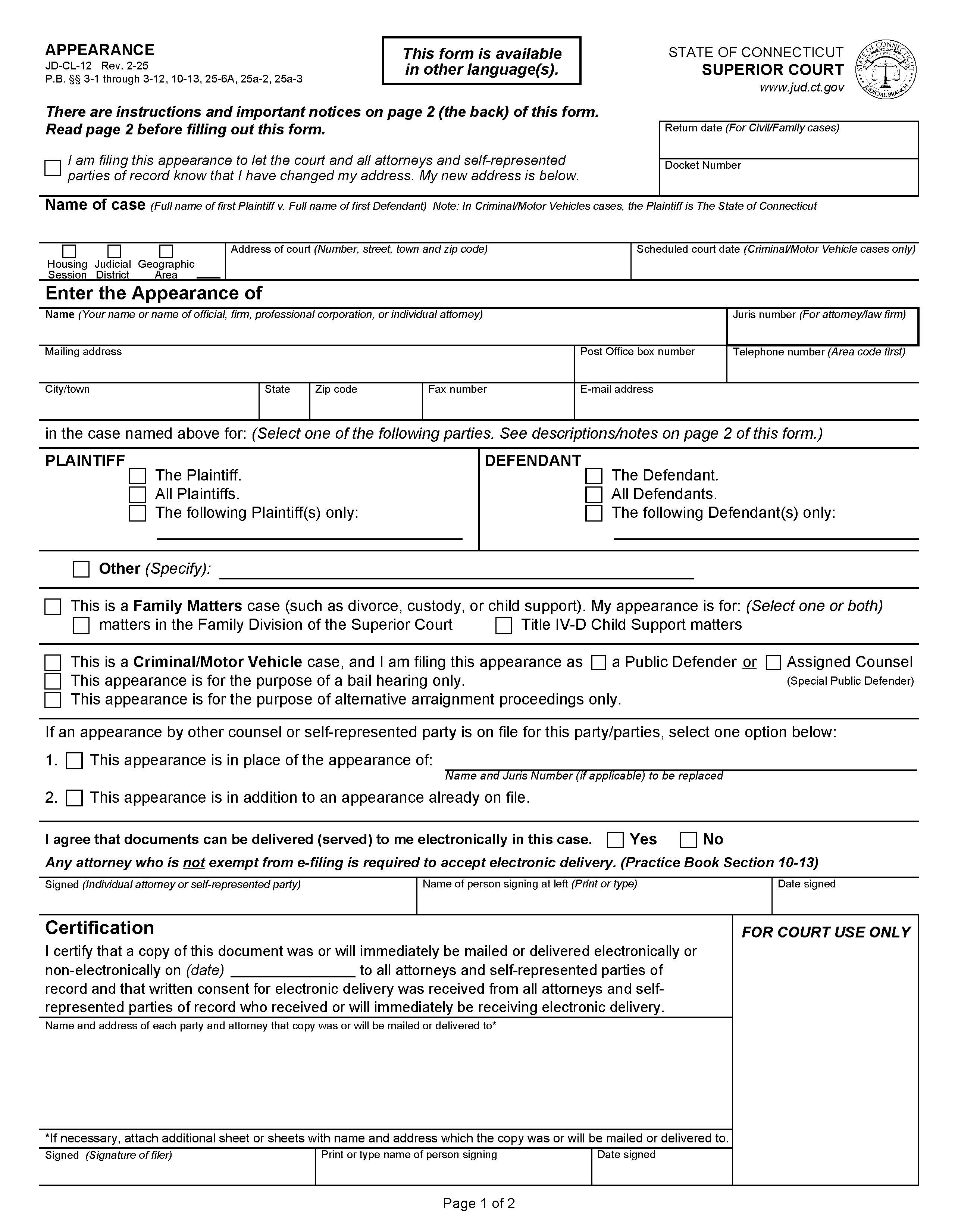 Appearance {JD-CL-12} | Pdf Fpdf Doc Docx | Connecticut