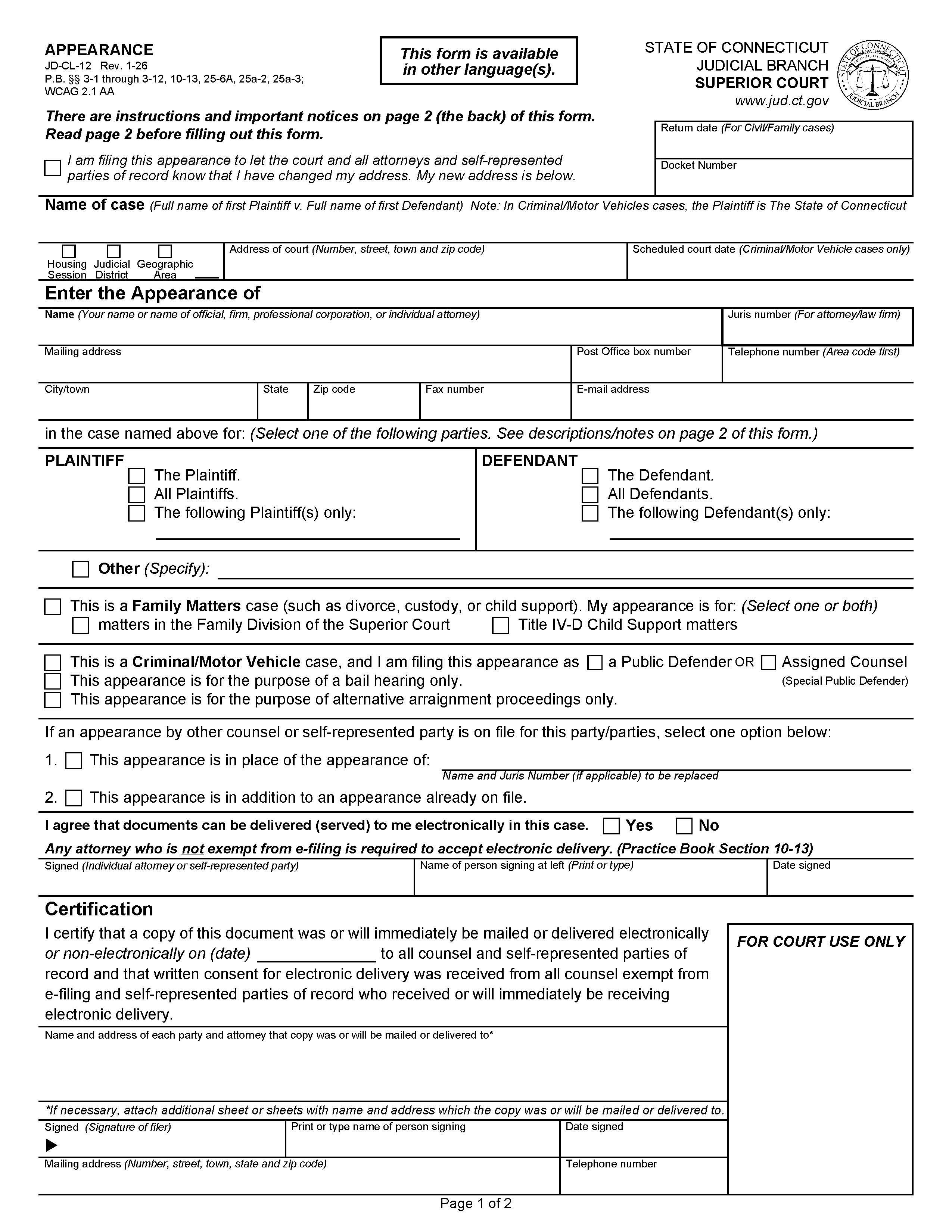 Appearance {JD-CL-12} | Pdf Fpdf Doc Docx | Connecticut
