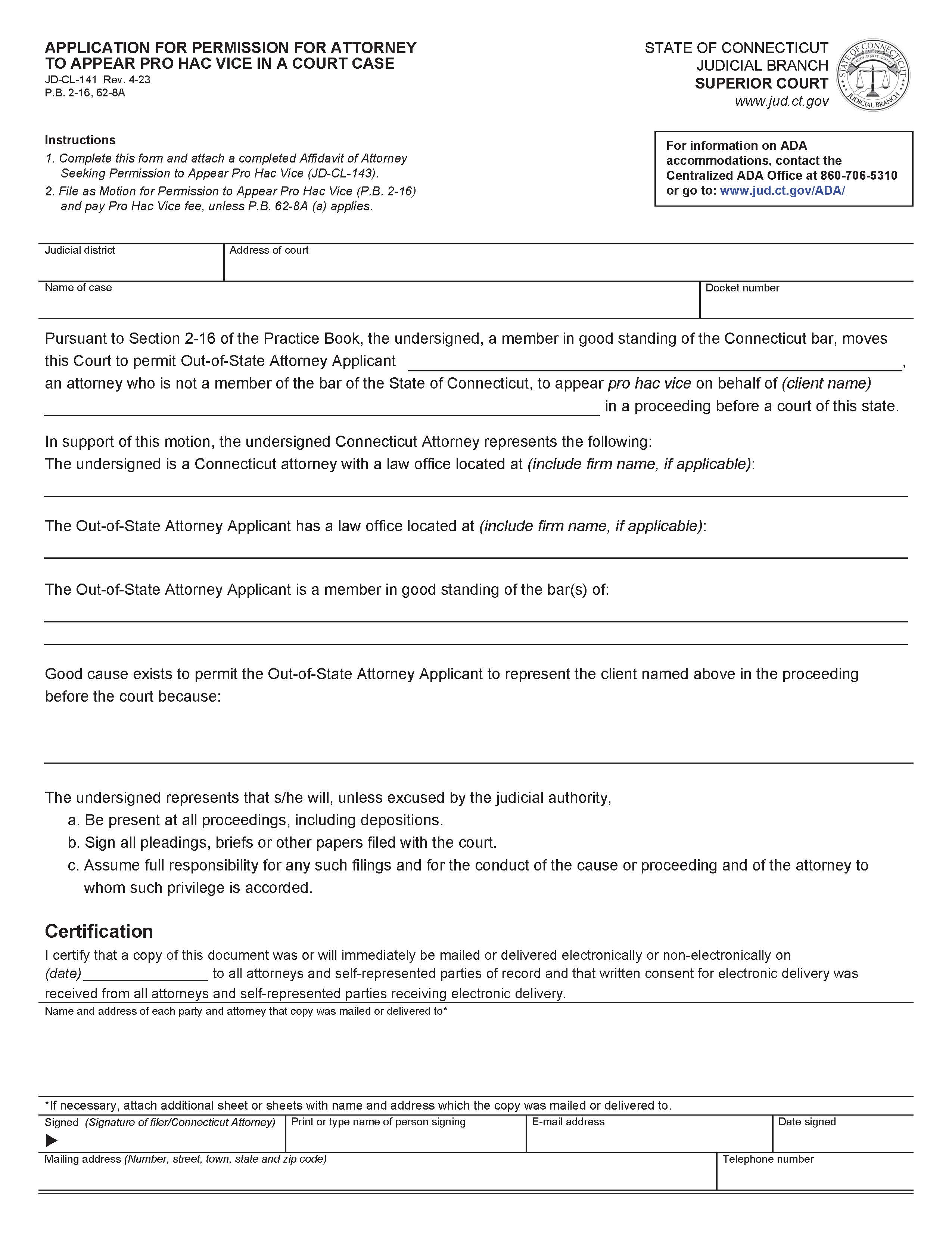 Application For Attorney To Appear Pro Hac Vice {JD-CL-141} | Pdf Fpdf Doc Docx | Connecticut