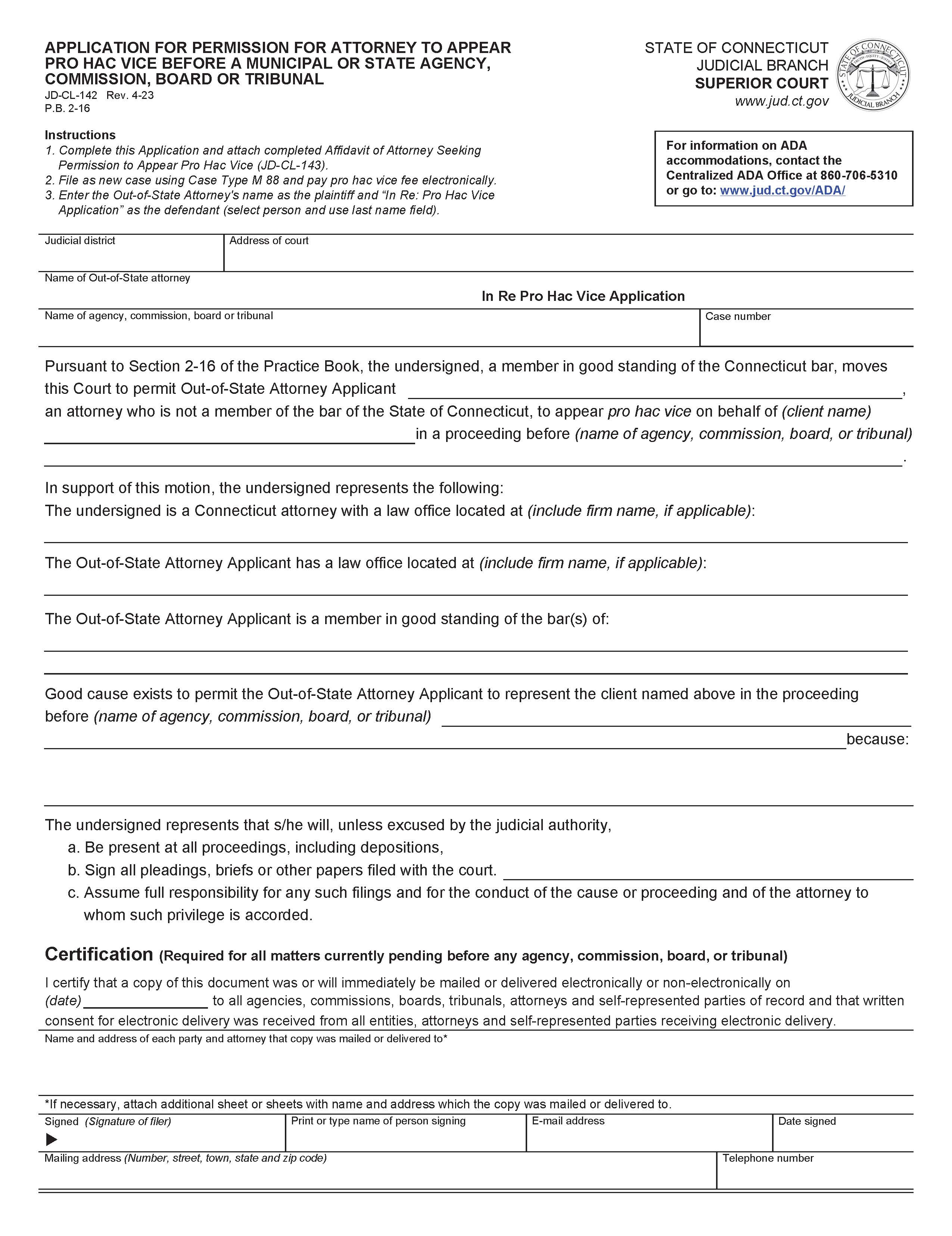 Application For Attorney To Appear Pro Hac Vice Before A Municipal Or State Agency {JD-CL-142} | Pdf Fpdf Doc Docx | Connecticut