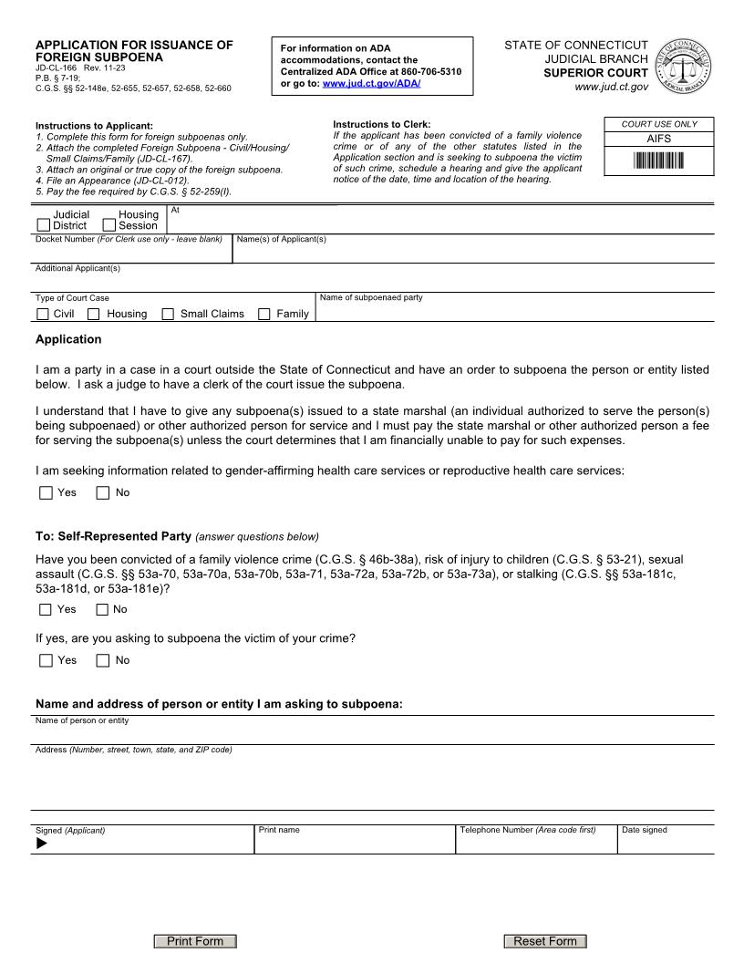 Application For Issuance Of Foreign Subpoena {JD-CL-166} | Pdf Fpdf Docx | Connecticut