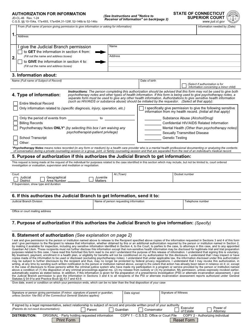 Authorization For Release Of Information {JD-CL-46} | Pdf Fpdf Doc Docx | Connecticut