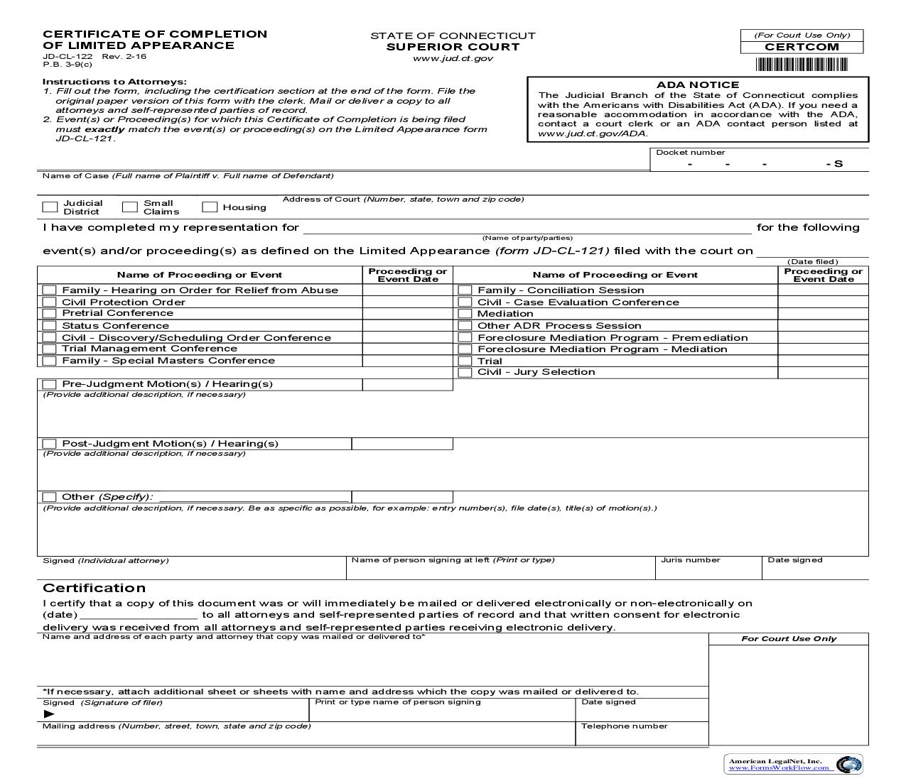 Certificate Of Completion Of Limited Appearance {JD-CL-122} | Pdf Fpdf Doc Docx | Connecticut