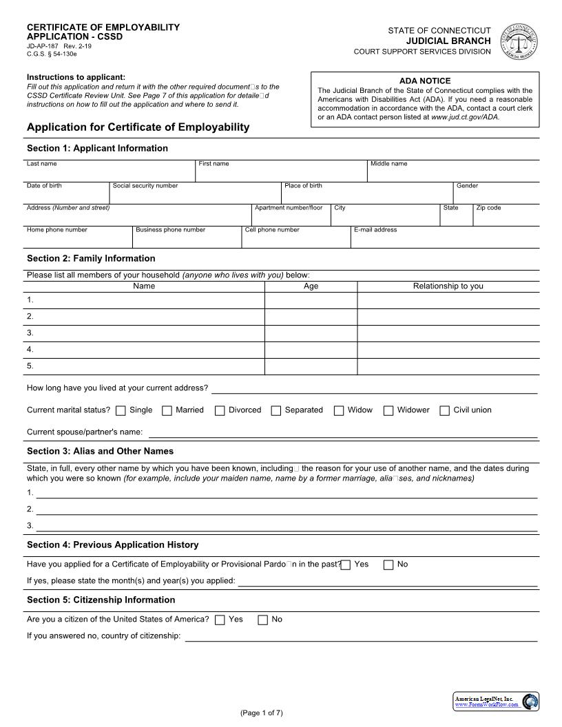 Certificate Of Employability Application CSSD {JD-AP-187} | Pdf Fpdf Docx | Connecticut