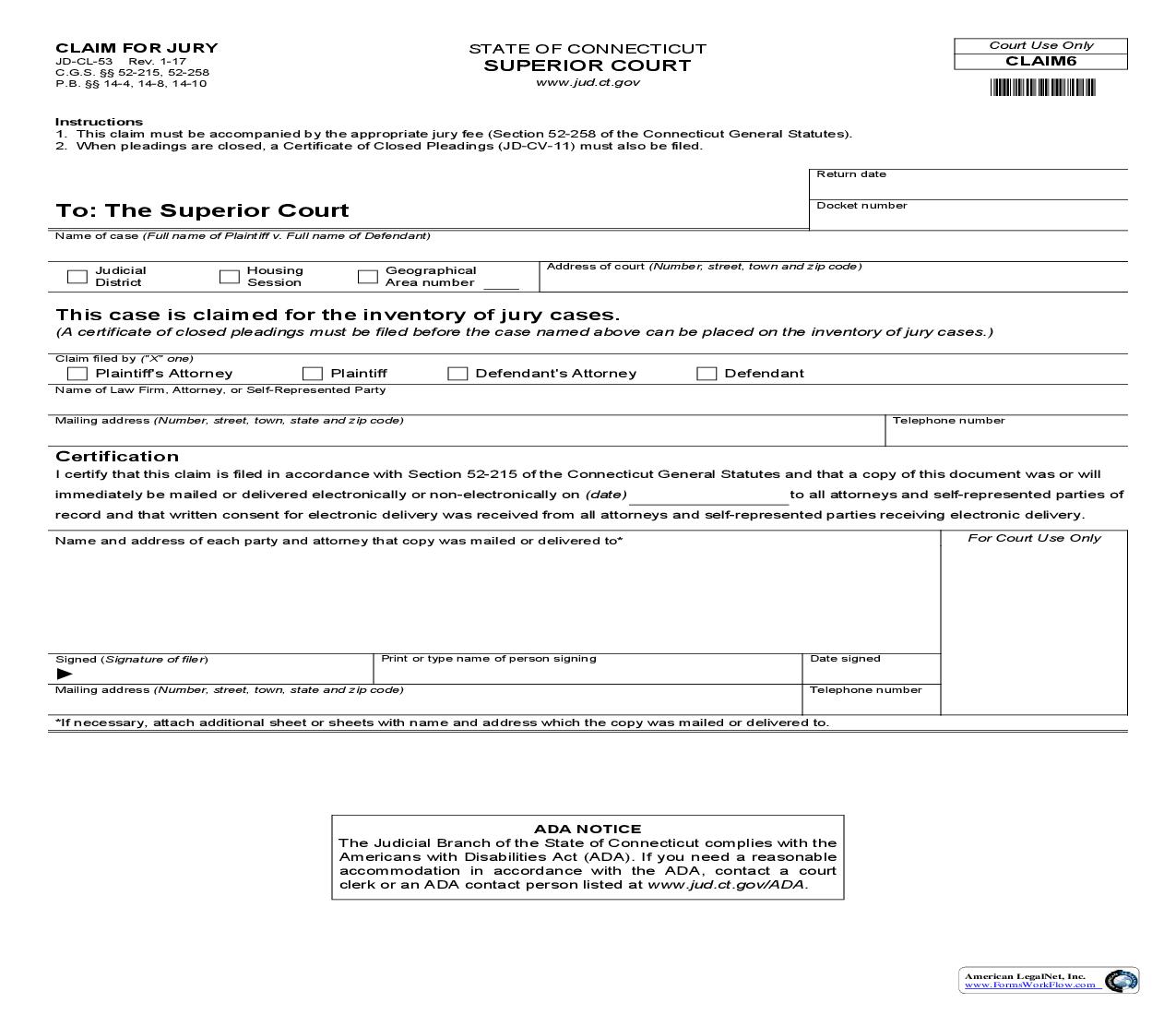 Claim For Jury {JD-CL-53} | Pdf Fpdf Doc Docx | Connecticut