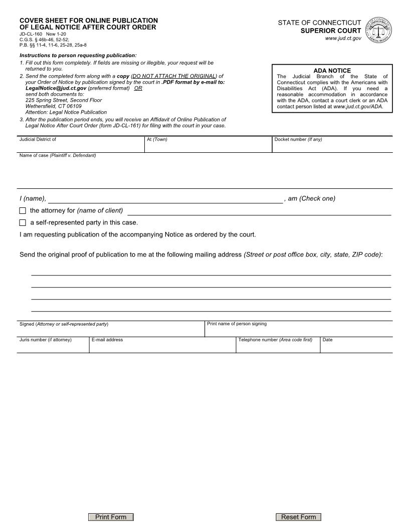 Cover Sheet For Online Publication Of Legal Notice After Court Order {JD-CL-160} | Pdf Fpdf Docx | Connecticut