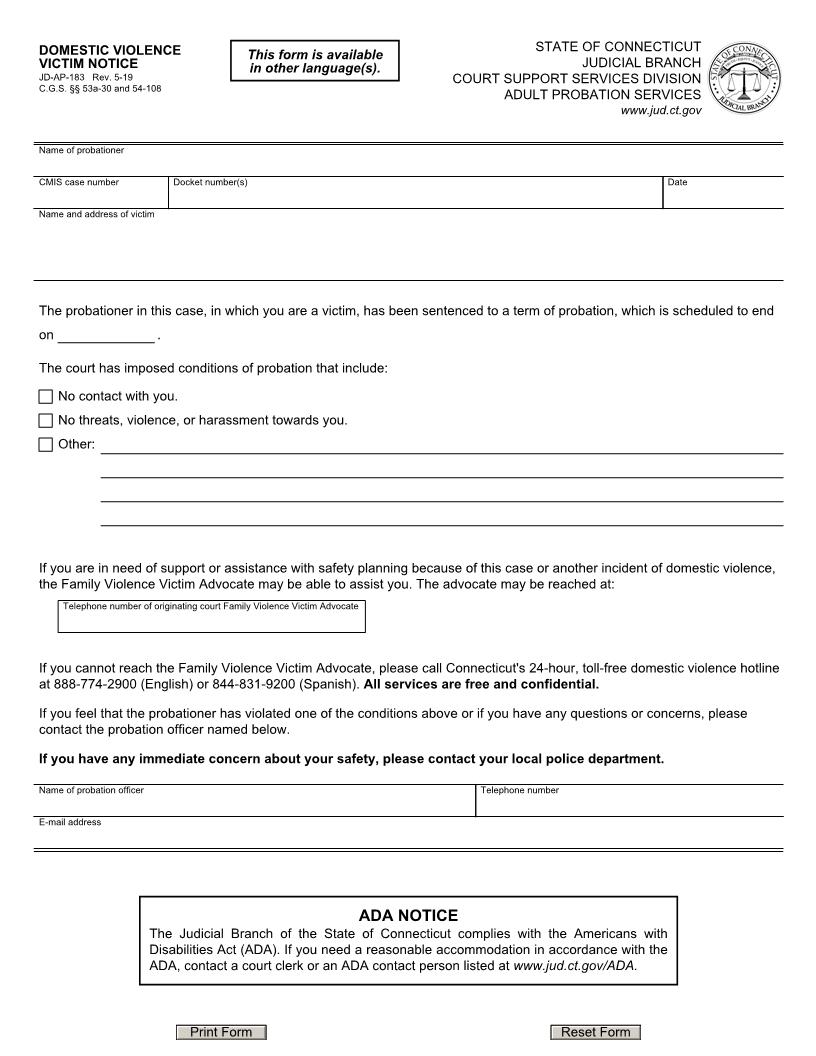 Domestic Violence Victim Notice {JD-AP-183} | Pdf Fpdf Doc Docx | Connecticut
