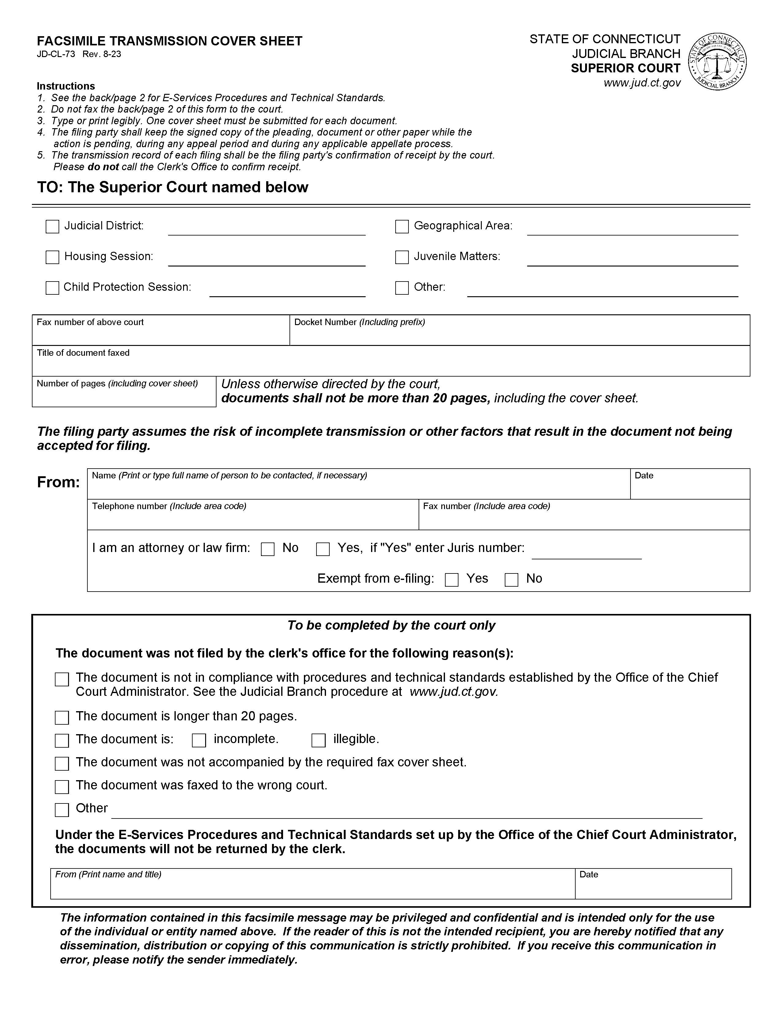 Facsimile Filing Cover Sheet {JD-CL-73} | Pdf Fpdf Doc Docx | Connecticut