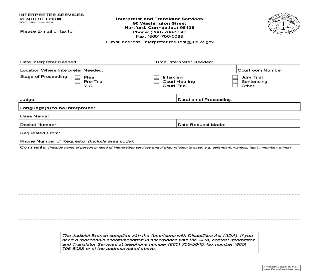 Interpreter Services Request Form {JD-CL-93} | Pdf Fpdf Doc Docx | Connecticut