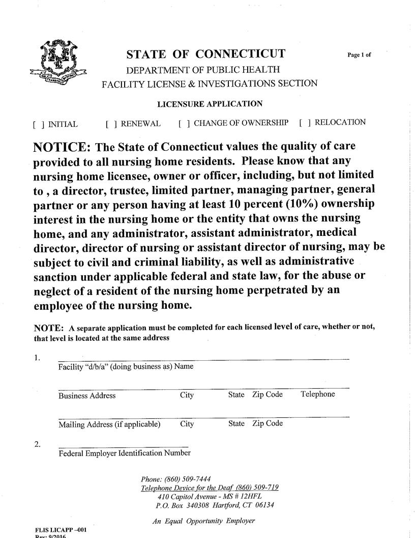 Licensure Application (Care Facility) {FLIS LICAPP-001} | Pdf Fpdf Docx | Connecticut