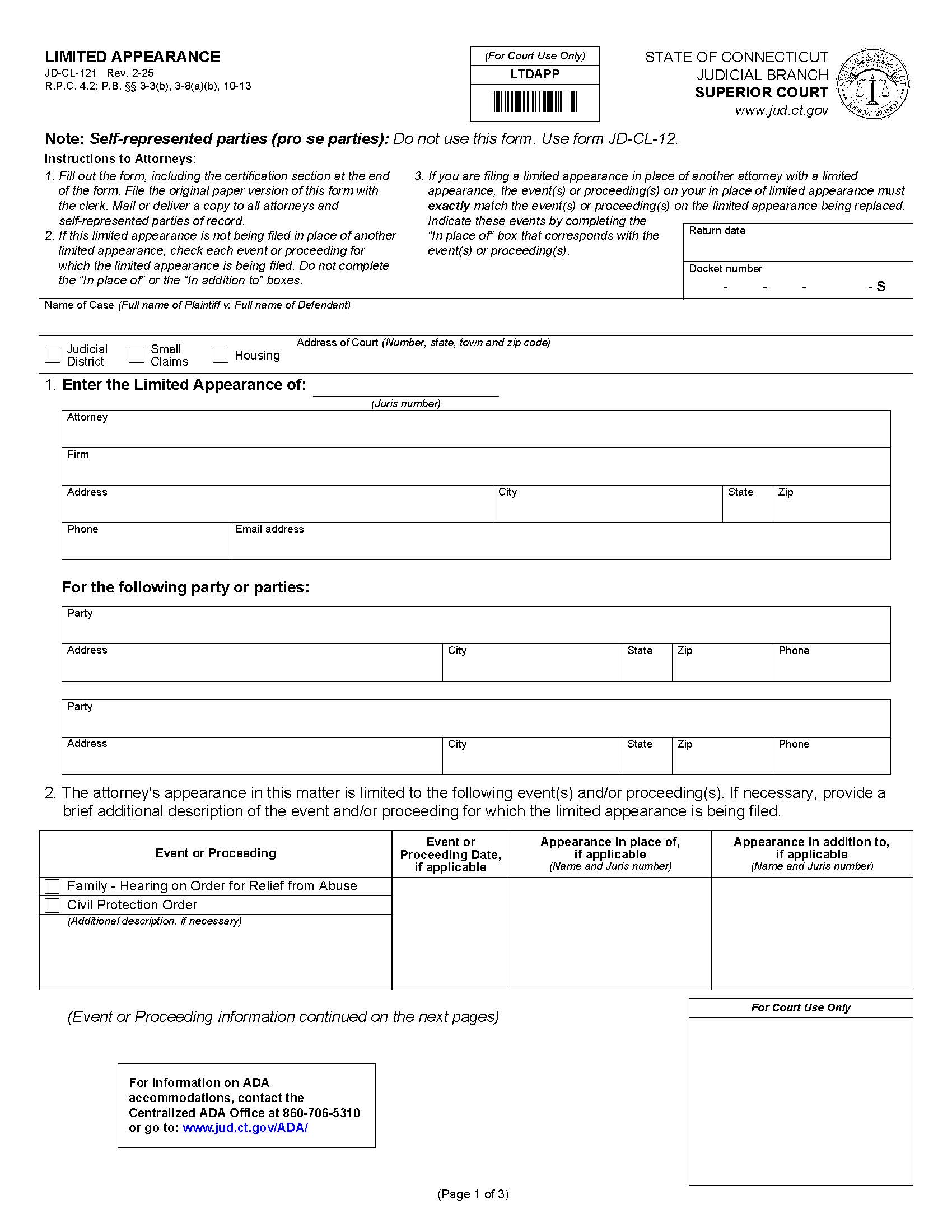 Limited Appearance {JD-CL-121} | Pdf Fpdf Doc Docx | Connecticut