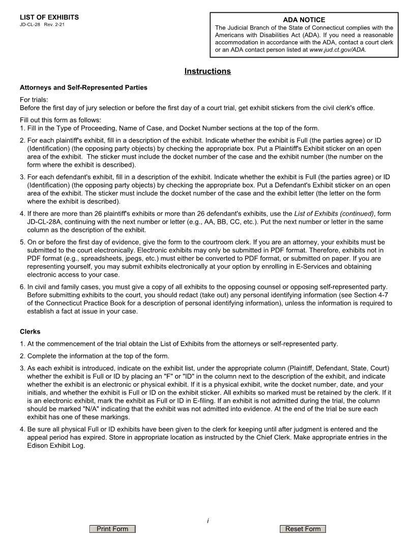 List Of Exhibits {JD-CL-28} | Pdf Fpdf Docx | Connecticut