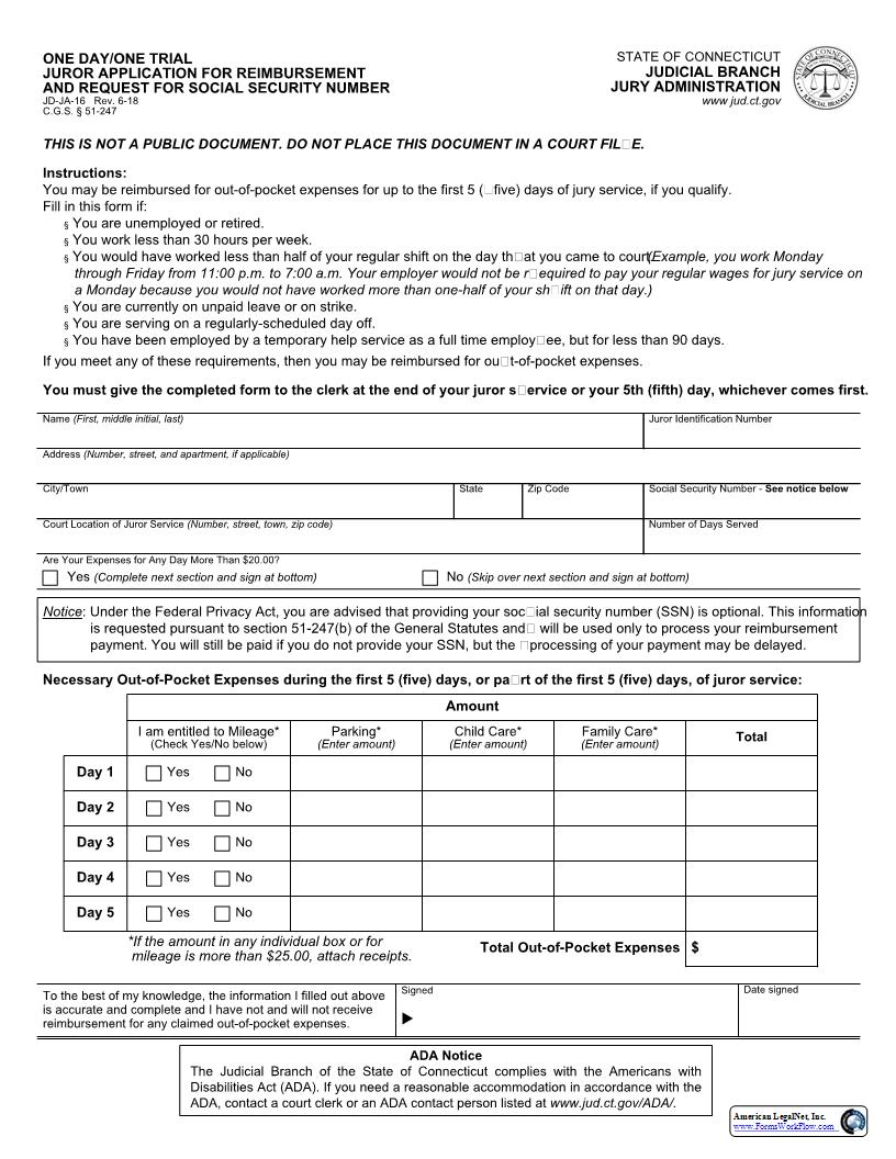One Day One Trial Juror Application For Reimbursement {JD-JA-16} | Pdf Fpdf Docx | Connecticut