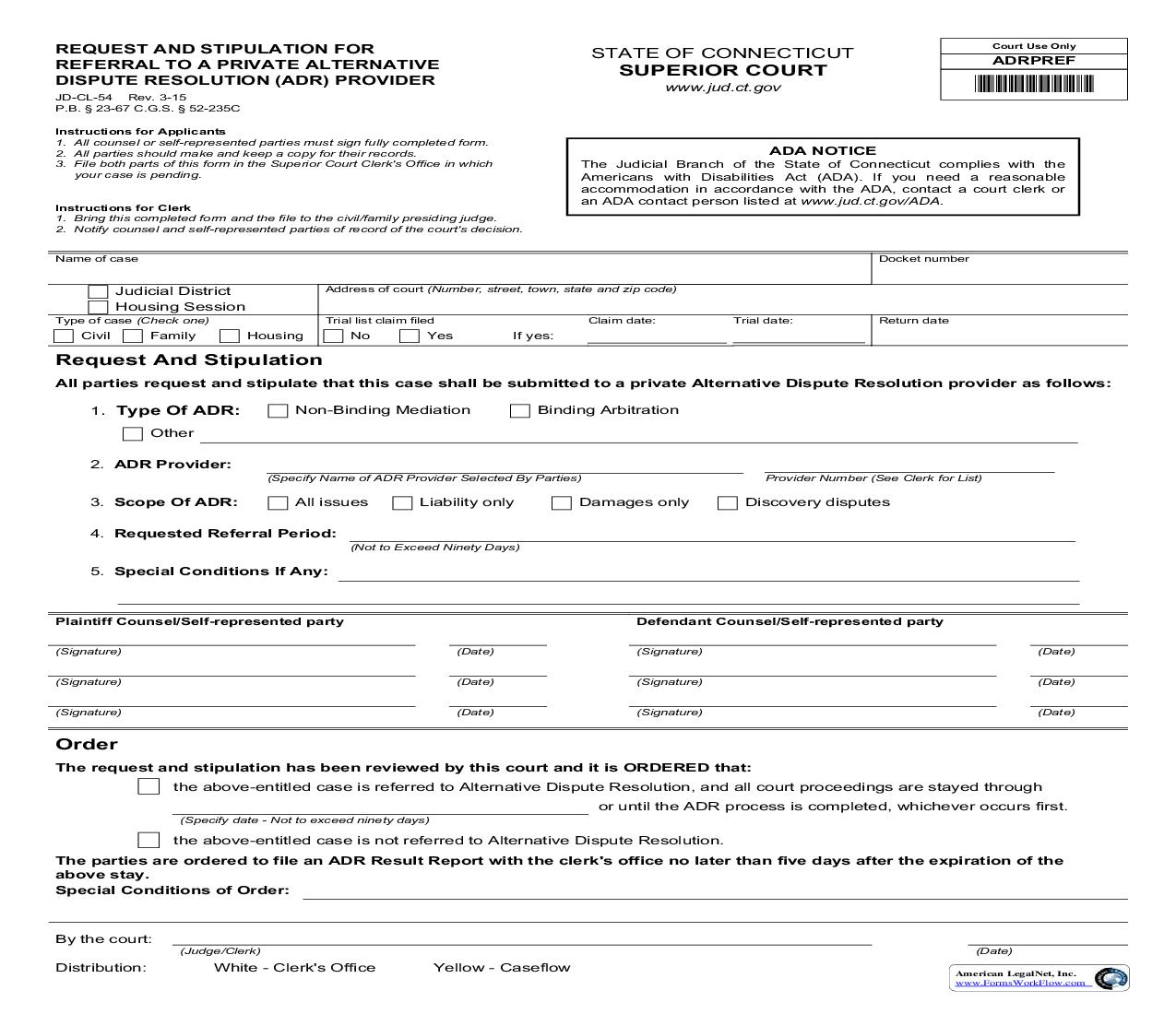 Request And Stipulation For Referral To A Private AlDR Provider {JD-CL-54} | Pdf Fpdf Doc Docx | Connecticut