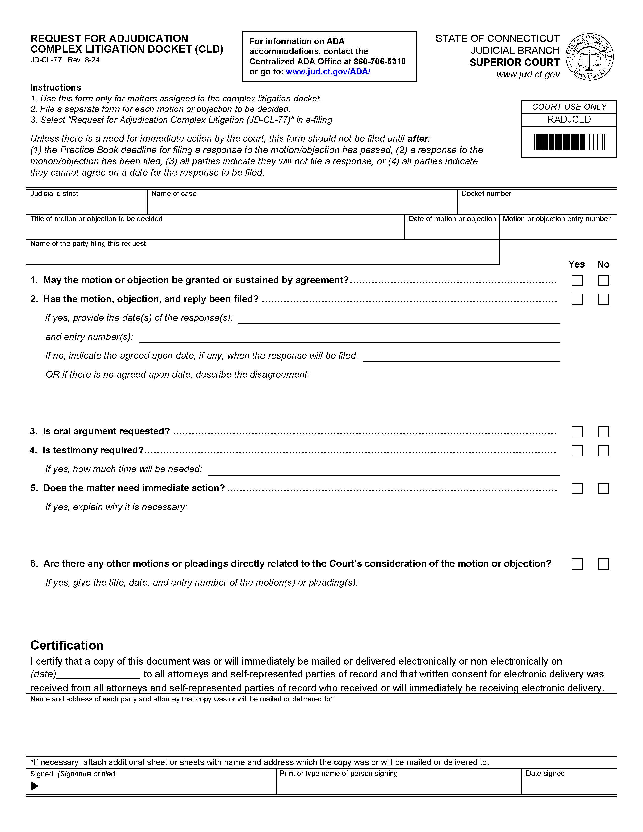 Request For Adjudication Complex Litigation Docket (CLD) {JD-CL-77} | Pdf Fpdf Docx | Connecticut