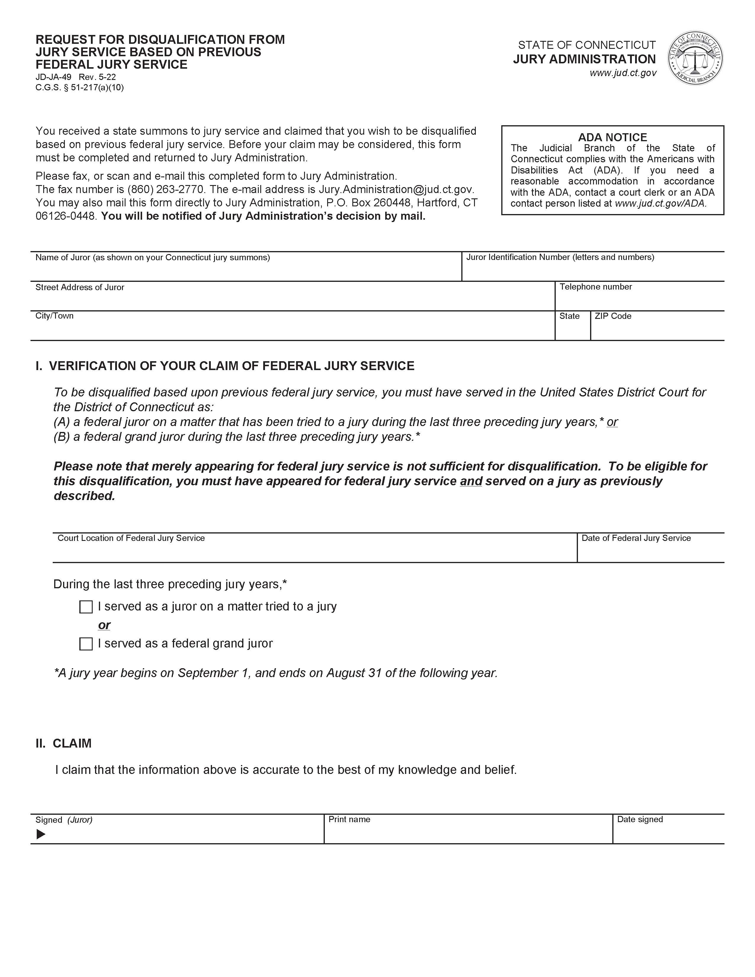 Request For Disqualification From Jury Service Based On Previous Federal Jury Service {JD-JA-49} | Pdf Fpdf Docx | Connecticut