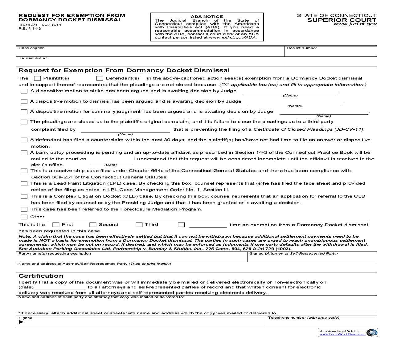 Request For Exemption From Dormancy Docket Dismissal {JD-CL-71} | Pdf Fpdf Doc Docx | Connecticut