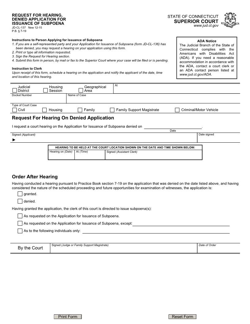 Request For Hearing Denied Application For Issuance Of Subpoena {JD-CL-137} | Pdf Fpdf Docx | Connecticut