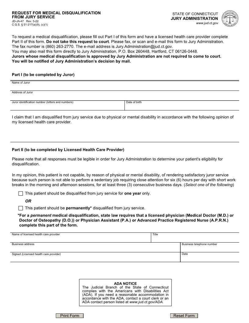 Request For Medical Disqualification From Jury Service {JD-JA-47} | Pdf Fpdf Doc Docx | Connecticut