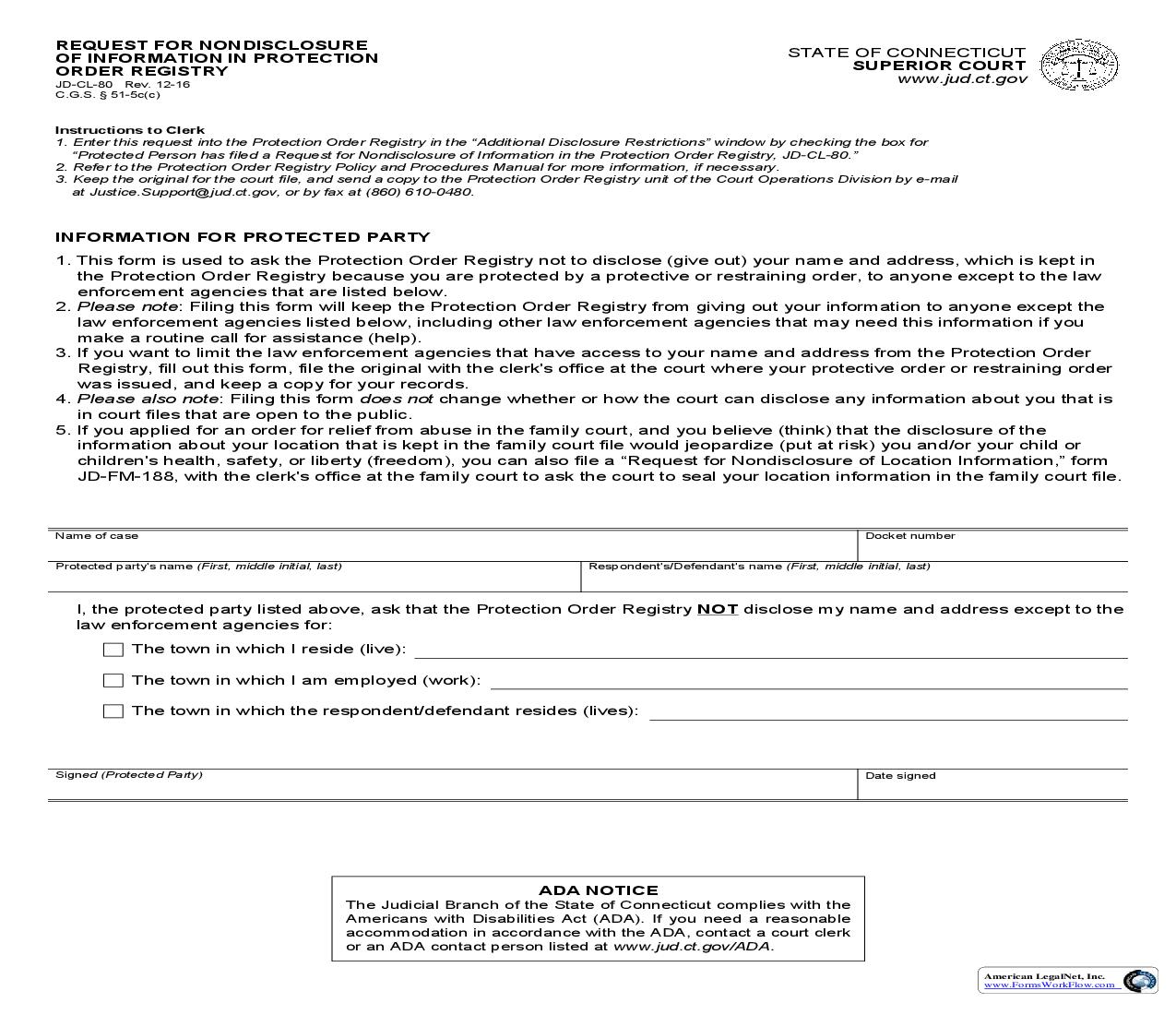 Request For Nondisclosure Of Information In Protection Order Registry {JD-CL-80} | Pdf Fpdf Doc Docx | Connecticut