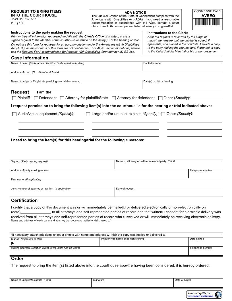 Request To Bring Items Into The Courthouse {JD-CL-90} | Pdf Fpdf Docx | Connecticut