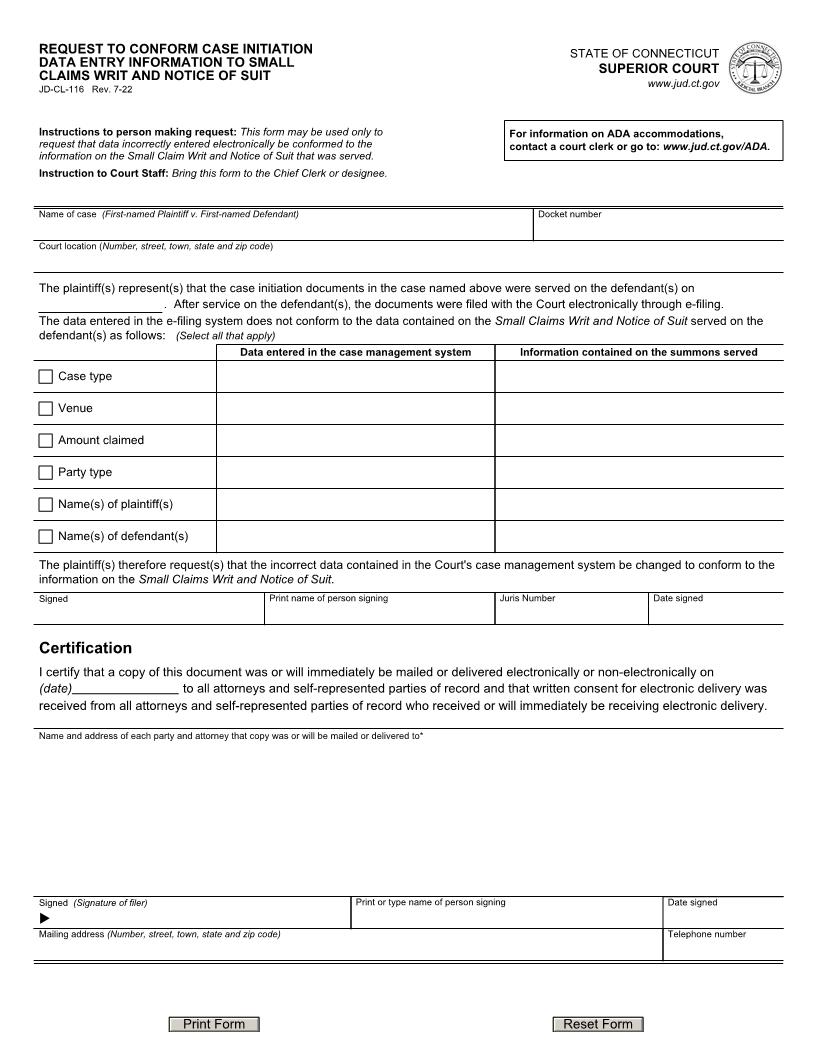 Request To Conform Case Initiation Data Entry Information To Small Claims Writ And Notice Of Suit {JD-CL-116} | Pdf Fpdf Doc Docx | Connecticut