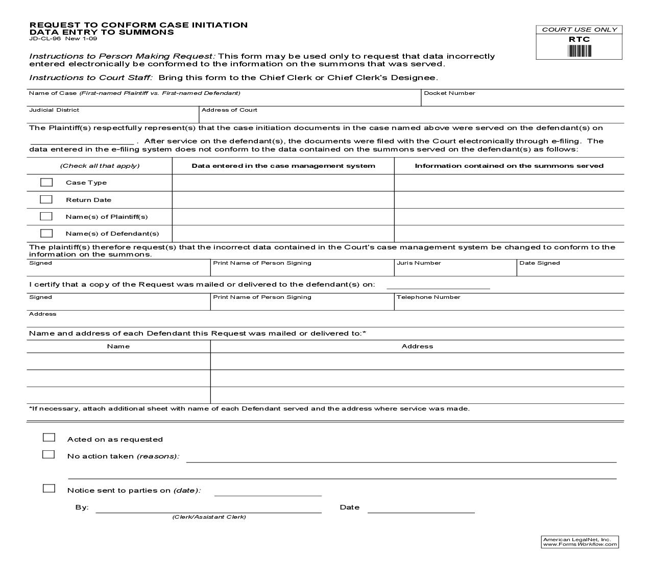Request To Conform Case Initiation Data Entry To Summons {JD-CL-96} | Pdf Fpdf Doc Docx | Connecticut