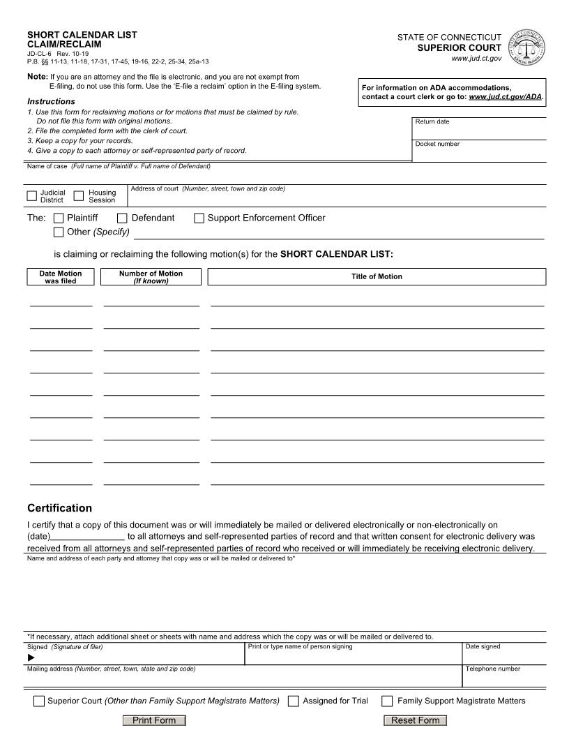 Short Calendar List Claim Reclaim {JD-CL-6} | Pdf Fpdf Doc Docx | Connecticut