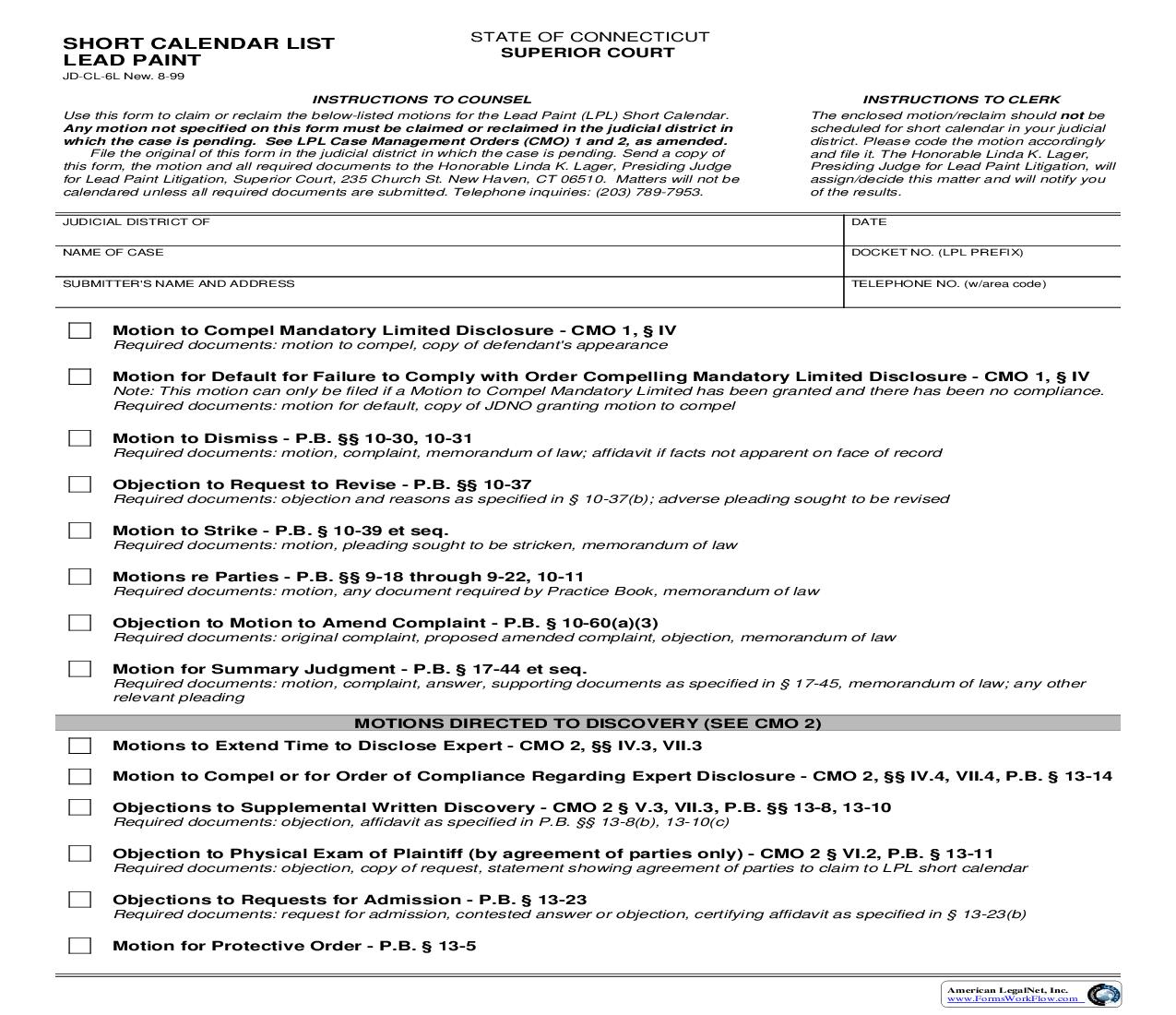 Short Calendar List Lead Paint {JD-CL-6L} | Pdf Fpdf Doc Docx | Connecticut