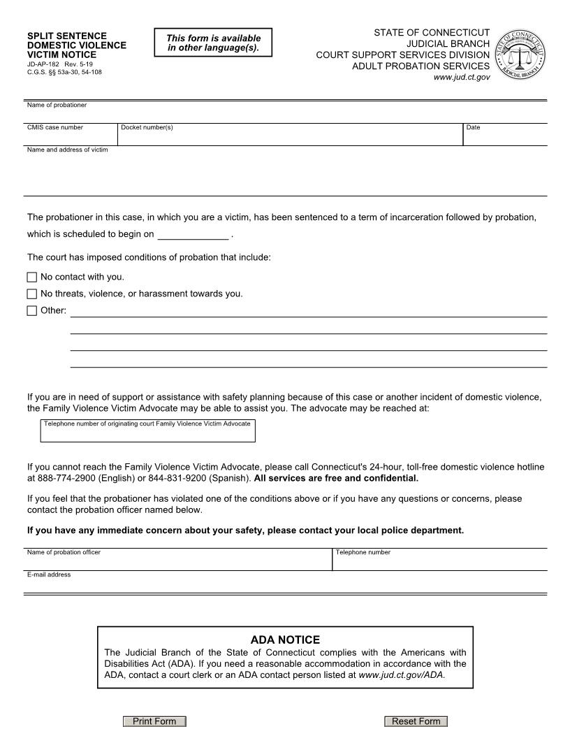 Split Sentence Domestic Violence Victim Notice {JD-AP-182} | Pdf Fpdf Doc Docx | Connecticut